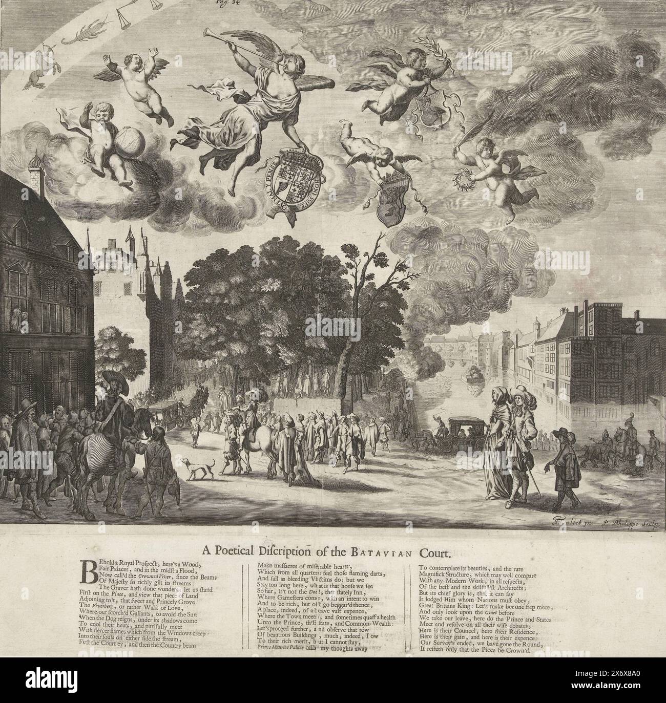 Arrivo del re Carlo II d'Inghilterra a l'Aia, 1660, Una scrittura poetica della Corte Batava (titolo sull'oggetto), arrivo del re inglese Carlo II da Delft a l'Aia, 25 maggio 1660. Episodio durante il suo tour e partenza dai Paesi Bassi. Arrivo al Vijverberg e al Groene Zoodje, un saluto viene sparato all'Hofvijver. In aria il Faam e il putti con le armi del re inglese, Olanda e l'Aia. A sinistra alcuni segni dello zodiaco. Contrassegnato in alto: Pagina. 34. Stampato sul foglio sotto la piastra un verso in 3 colonne in inglese., stampa, stampatore Foto Stock