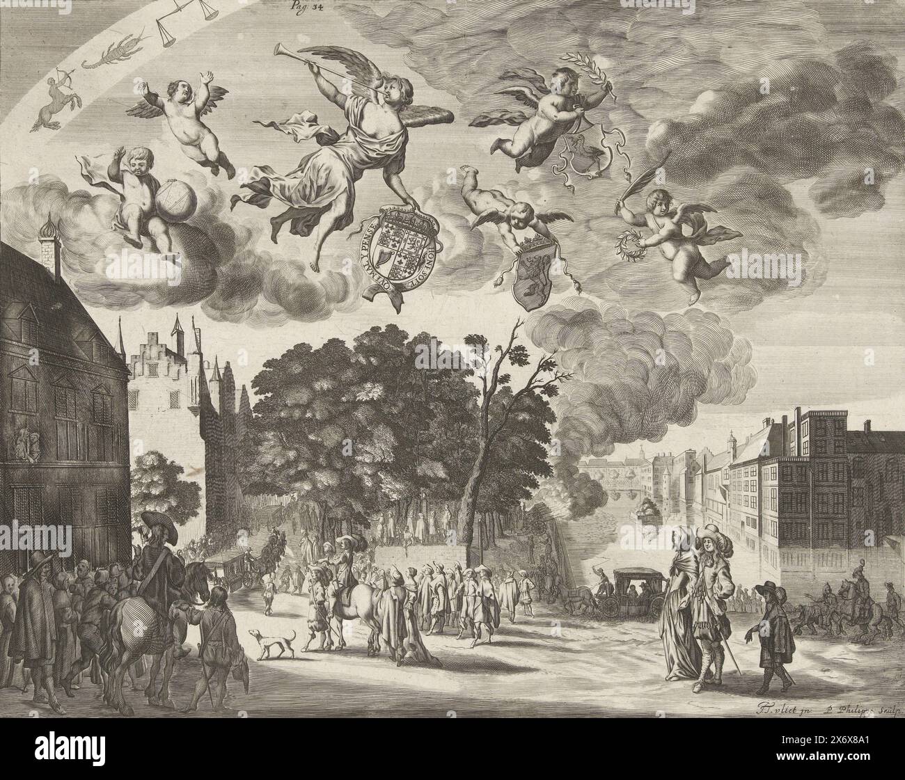 Arrivo del re Carlo II d'Inghilterra a l'Aia, 1660, arrivo del re inglese Carlo II da Delft a l'Aia, 25 maggio 1660. Episodio durante il suo tour attraverso i Paesi Bassi e la partenza. Arrivo al Vijverberg e al Groene Zoodje, un saluto viene sparato all'Hofvijver. In aria il Faam e il putti con le armi del re inglese, Olanda e l'Aia. A sinistra alcuni segni dello zodiaco. Contrassegnato in alto: Pagina. 34., stampa, tipografo: Pieter Philippe, (menzionato sull'oggetto), su disegno di: Jacob Toorenvliet, (menzionato sull'oggetto), Paesi Bassi settentrionali Foto Stock