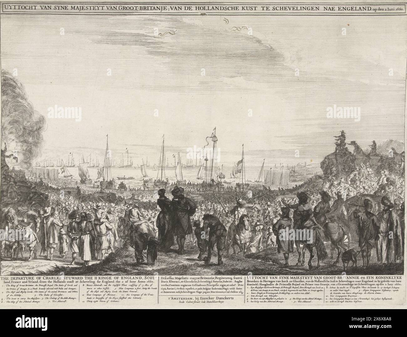 Partenza di Carlo II da Scheveningen per l'Inghilterra, 1660, uscita della Maestà di Gran Bretagna; dalla costa olandese a Schevelingen dopo l'Inghilterra. Il 2 giugno 1660 (titolo sull'oggetto), la partenza di Charles Stuward il regno d'Inghilterra, Scozia, Francia e Yrland, dalla costa olandese di Scheveling per l'Inghilterra. Il 2 giugno anno 1660 (titolo sull'oggetto), Esodo della Maestà di Gran Bretagna e dei loro fratelli reali, i Duchi di York e Glocester (...) 1660 (titolo sull'oggetto), la partenza del re inglese Carlo II da Scheveningen all'Inghilterra, 2 giugno 1660. Vista dalle dune su Foto Stock
