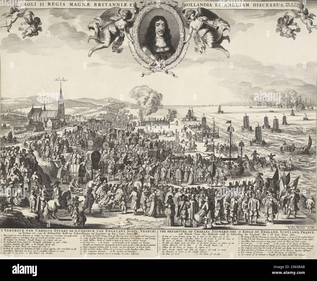 Partenza di Carlo II da Scheveningen, partenza di Carlo II da Scheveningen per l'Inghilterra, 1660, 't partenza di Carolus Stuart de II, coninck van Engelant, Scotl: Vranckr. E Yerlant, ecc., dalla costa olandese a Schevellingen dopo Engelant op den 2 iunii anno 1660, la partenza di Charles Stuward II kinge d'Inghilterra, Scozia, Francia, e Yrland, dalla costa olandese a Scheveling per l'Inghilterra, il 2 di iune anno 1660, Caroli II regis Magnae Britanniae ex Hollandia in Angliam discessus, Die II iunii ano. CIƆIƆCLX (titolo sull'oggetto), la partenza del re inglese Carlo Foto Stock