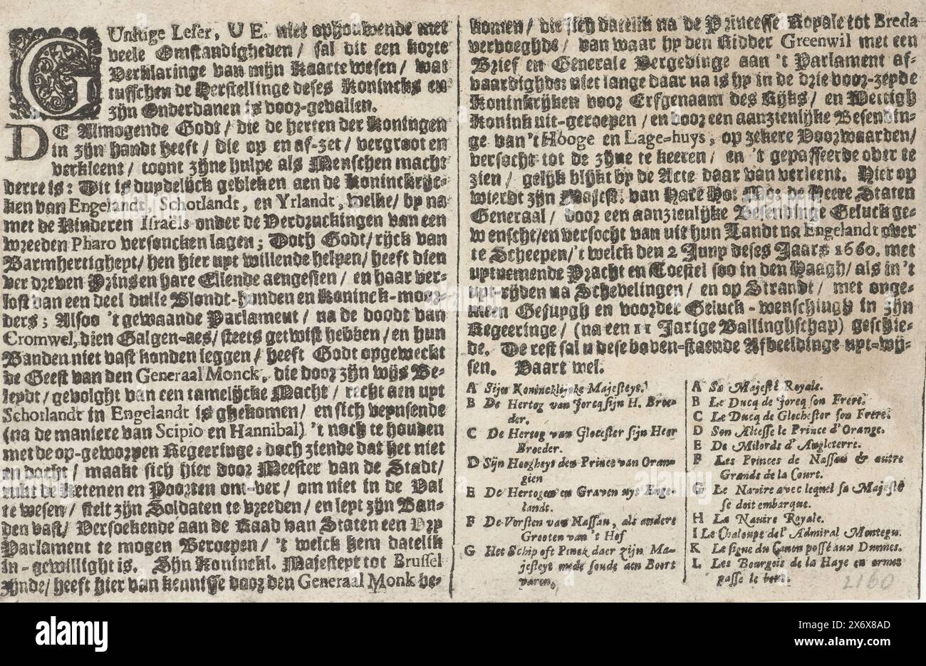 Pagina di testo per la stampa con la partenza del re Carlo II d'Inghilterra da Scheveningen all'Inghilterra, 1660. Pagina di testo per la stampa con la partenza del re inglese Carlo II da Scheveningen per l'Inghilterra, 2 giugno 1660. Testo in due colonne in olandese, con le leggende A-G e A-L in olandese e francese., foglio di testo, editore: Anonimo, Paesi Bassi del Nord, 1660, carta, stampa intestata, altezza, 112 mm x larghezza, 170 mm Foto Stock
