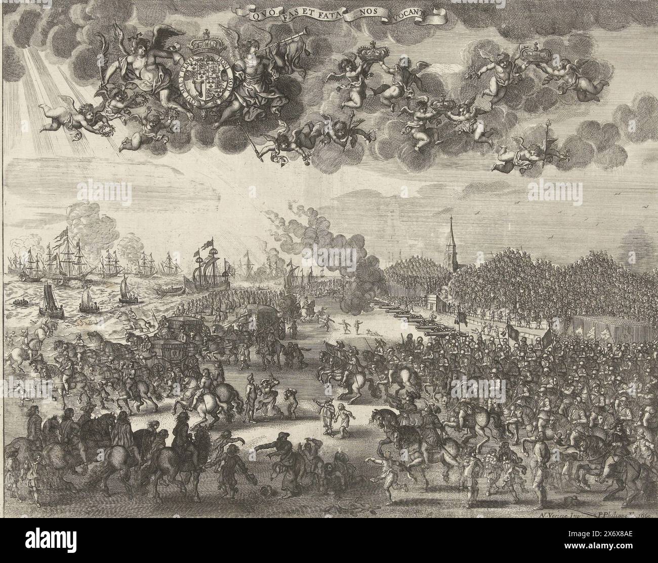 Partenza di Carlo II da Scheveningen in Inghilterra, 1660, partenza del re inglese Carlo II da Scheveningen in Inghilterra, 2 giugno 1660. Episodio durante il suo tour attraverso i Paesi Bassi e la partenza. A sinistra le carrozze con il re e il suo entourage, a destra cavalieri, cannoni e spettatori sulle dune. Le navi aspettano in mare per portare il re in Inghilterra. Nel putti dell'aria e nel faam con lo stemma del re inglese e una banderola con un detto latino., stampa, tipografo: Pieter Philippe, (menzionato sull'oggetto), su disegno di: Adriaen Pietersz Foto Stock