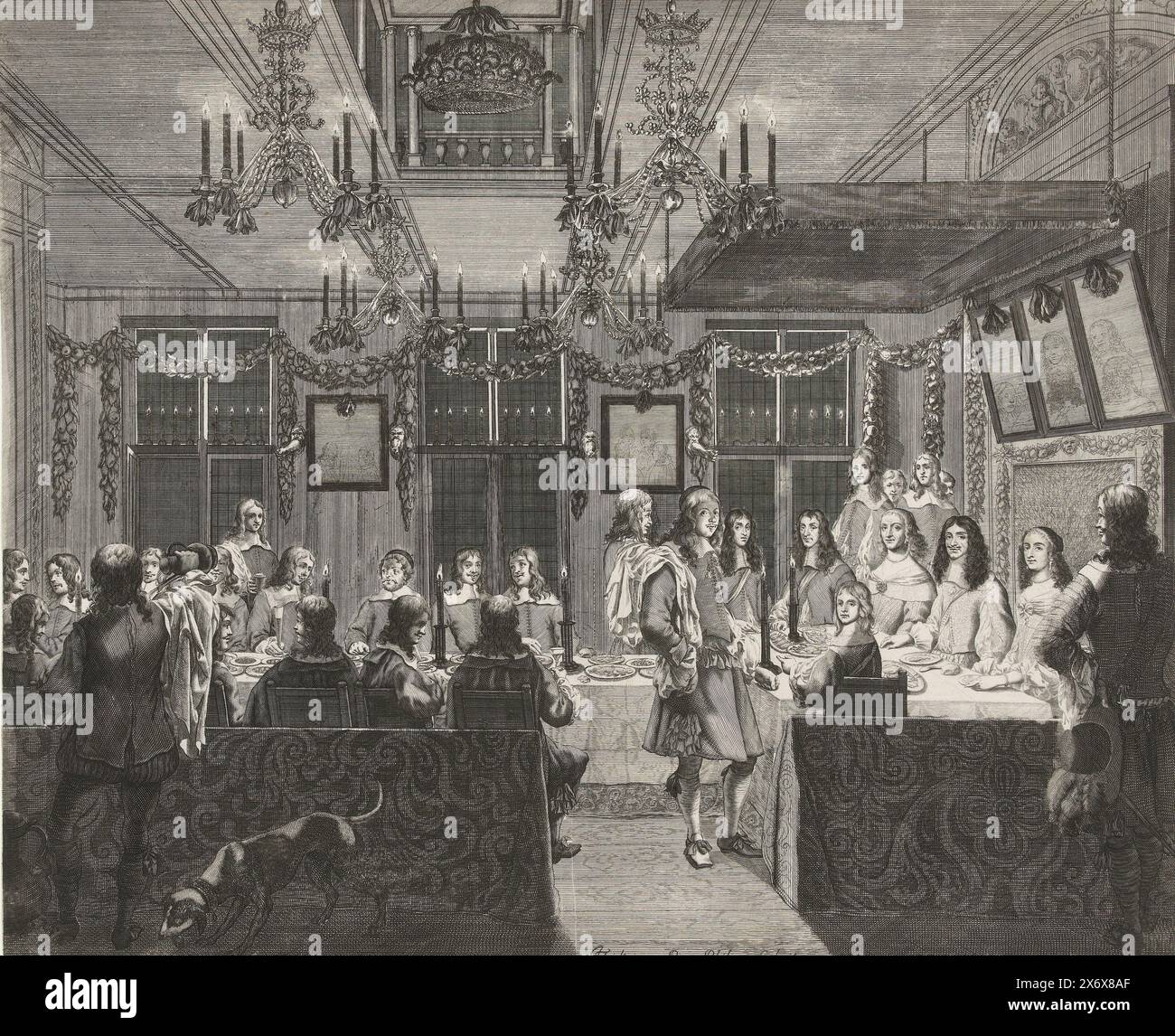 Banchetto per re Carlo II d'Inghilterra a Mauritshuis a l'Aia, 1660, banchetto a lume di candela per il re inglese Carlo II a Mauritshuis a l'Aia, 30 maggio 1660, offerto dagli Stati d'Olanda. Episodio durante il suo tour attraverso i Paesi Bassi e la partenza. Il re siede a destra tra sua zia Elisabetta, regina di Boemia, e sua sorella Maria Enrichetta Stuart, principessa d'Orange. In primo piano il giovane principe Willem III., stampatore: Pieter Philippe, (menzionato sull'oggetto), su disegno di: Jacob Toorenvliet, (menzionato sull'oggetto), Paesi Bassi del Nord Foto Stock