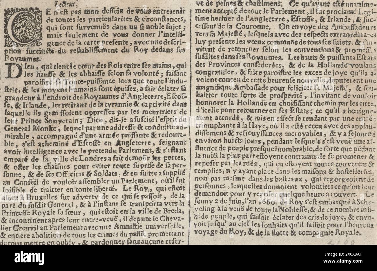 Foglio di testo per la stampa con la partenza del re Carlo II d'Inghilterra da Scheveningen all'Inghilterra, 1660. Foglio di testo per la stampa con la partenza del re inglese Carlo II da Scheveningen per l'Inghilterra, 2 giugno 1660. Testo in due colonne in francese., foglio di testo, editore: Anonimo, Paesi Bassi del Nord, 1660, carta, stampa intestata, altezza, 112 mm x larghezza, 170 mm Foto Stock