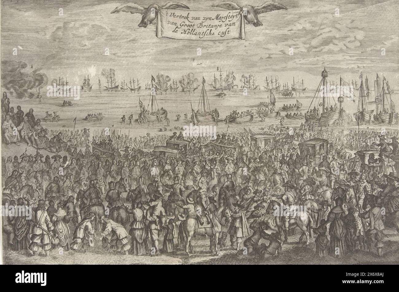 Re Carlo II d'Inghilterra parte da Scheveningen per l'Inghilterra, 1660, 'la partenza di sua Maestà di Gran Bretagna dal Cust olandese (titolo sull'oggetto), la partenza del re inglese Carlo II da Scheveningen per l'Inghilterra, 2 giugno 1660. Sulla spiaggia una folla di spettatori, lasciò Karel con i suoi fratelli a cavallo. Sull'acqua diversi scivoli e lo yacht che porterà il re alla sua nave. La stampa include due fogli di testo., stampa, stampatore: Anonimo, Paesi Bassi del Nord, 1660, carta, incisione, incisione, altezza, 203 mm x larghezza, 301 mm Foto Stock