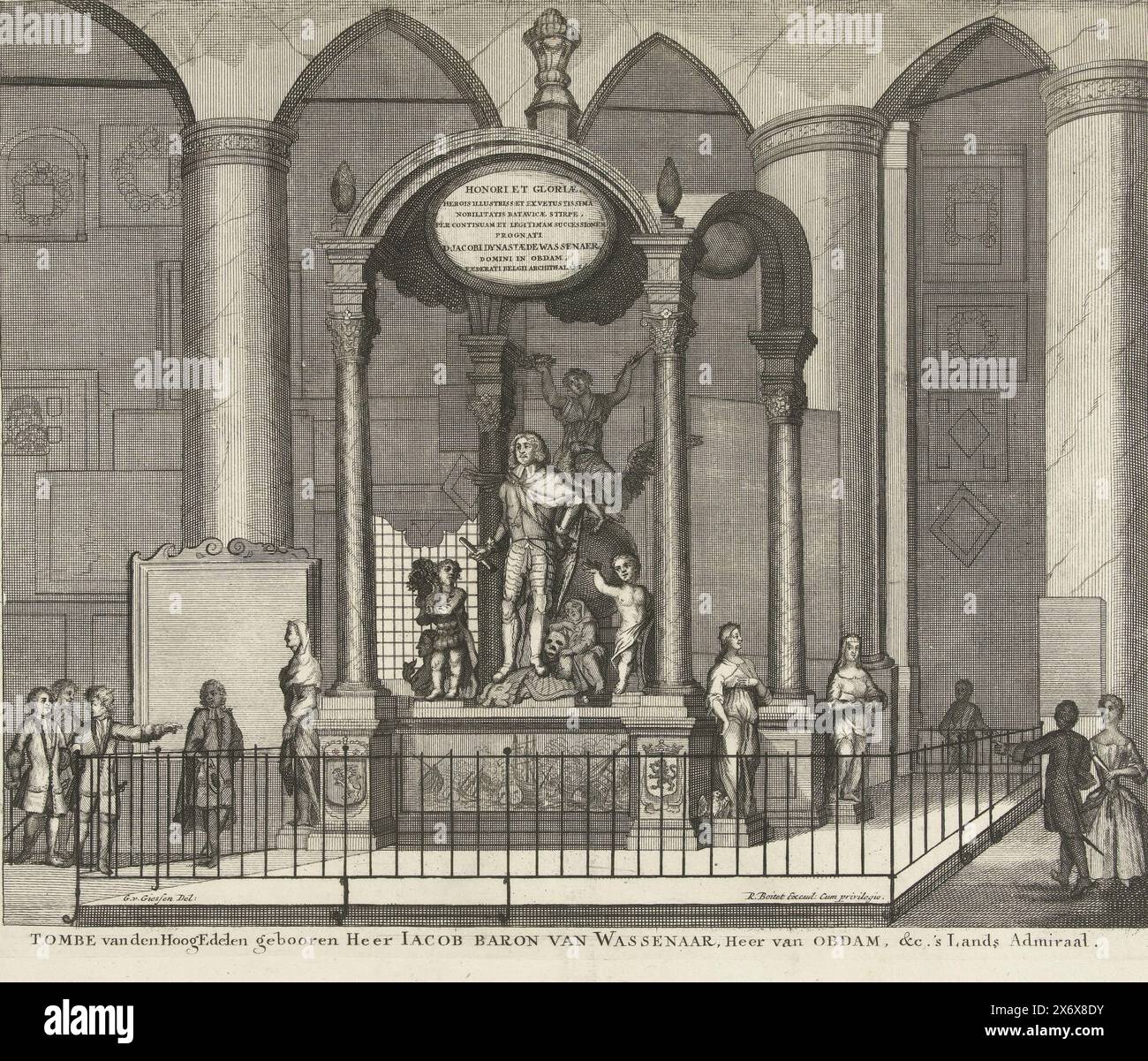 Mausoleo per l'ammiraglio Jacob Baron van Wassenaer van Obdam, 1665, Tomba degli alti Nobili nato Lord Jacob Baron van Wassenaer, signore di Obdam, &c. 'S Lands Admiraal (titolo sull'oggetto), mausoleo per l'ammiraglio Jacob baron van Wassenaer van Obdam nella Grote o Sint-Jacobskerk a l'Aia. L'ammiraglio fu ucciso quando la sua nave ammiraglia Eendracht esplose durante la battaglia di Lowestoft il 13 giugno 1665., stampa, stampatore: Anonimo, dopo disegno di: Gerrit van Giessen, (menzionato sull'oggetto), editore: Reinier Boitet, (menzionato sull'oggetto), stampatore: Paesi Bassi del Nord, dopo aver disegnato da: The Foto Stock