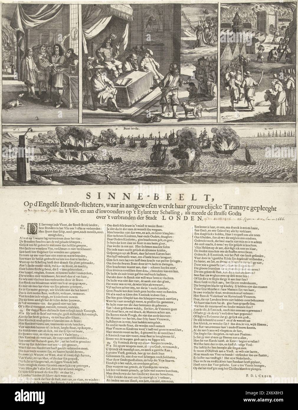 Allegoria sul re inglese Carlo II e l'incendio doloso a Terschelling, 1666, Sinne-Beelt, sui fondatori inglesi Brandt, in cui la sua raccapricciante tirannia fu commessa a 't Vlie, e sugli abitanti di 't Eylant ter Schelling; oltre alle divinità punitive sull'incendio della città di Londra (titolo sull'oggetto), Allegoria sul re inglese Carlo II e il grande fuoco di Londra come punizione di Dio per l'incendio doloso a Terschelling, 1666. Foglio con quattro scene numerate 1-4 . In fondo alla piastra 1: L'incendio della flotta mercantile olandese nel Vlie e l'incendio doloso sull'isola di Foto Stock