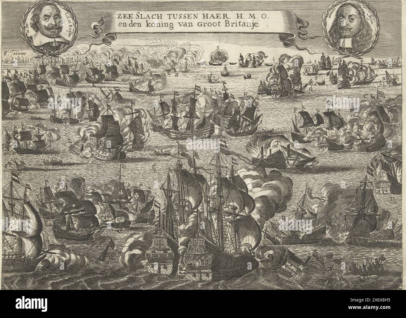 Four Days Battle, 1666, Sea Battle tra il suo H.M.O. e il re di Gran Bretagna (titolo sull'oggetto), la Four Days Battle tra la flotta olandese al comando dell'ammiraglio Michiel de Ruyter e la flotta inglese al comando dell'ammiraglio George Monck, 11-14 giugno 1666. In aria i ritratti di De Ruyter e dell'ammiraglio inglese Geroge Ayscue. I dettagli delle prestazioni sono indicati da A-Z e 1-4. Un foglio di testo accompagna la stampa., stampa, stampatore: Anonimo, Paesi Bassi del Nord, 1666, carta, incisione, incisione, altezza, 253 mm x larghezza, 349 mm Foto Stock