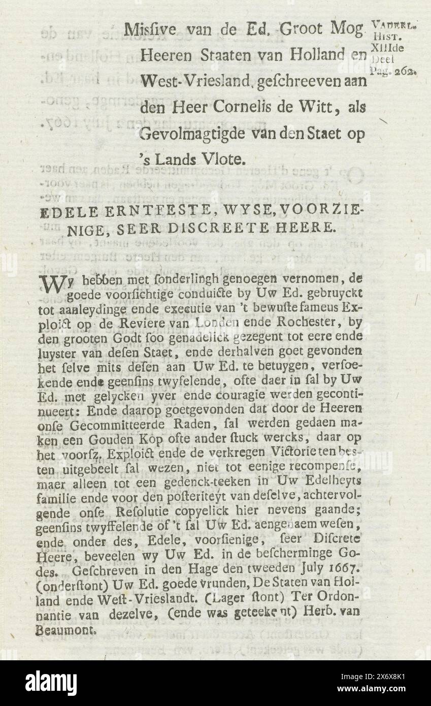 Pagine di testo sulla coppa d'oro donata a Cornelis de Witt in occasione del Tour to Chatham, 1667, missivo dell'ed. Groot MOG Heeren Staaten van Holland en West-Vriesland, scritto al Sig. Cornelis de Witt, come plenipotenziario della Staet On's Lands Vlote (titolo oggetto), ristampa di una lettera degli Stati d'Olanda e Frisia occidentale, un estratto della risoluzione e della risposta di Cornelis de Witt riguardante la donazione di una coppa d'oro da parte degli Stati d'Olanda e Frisia occidentale a Cornelis de Witt in occasione della vittoria sugli inglesi durante la marcia a Chatham, il 20 giugno. Foto Stock