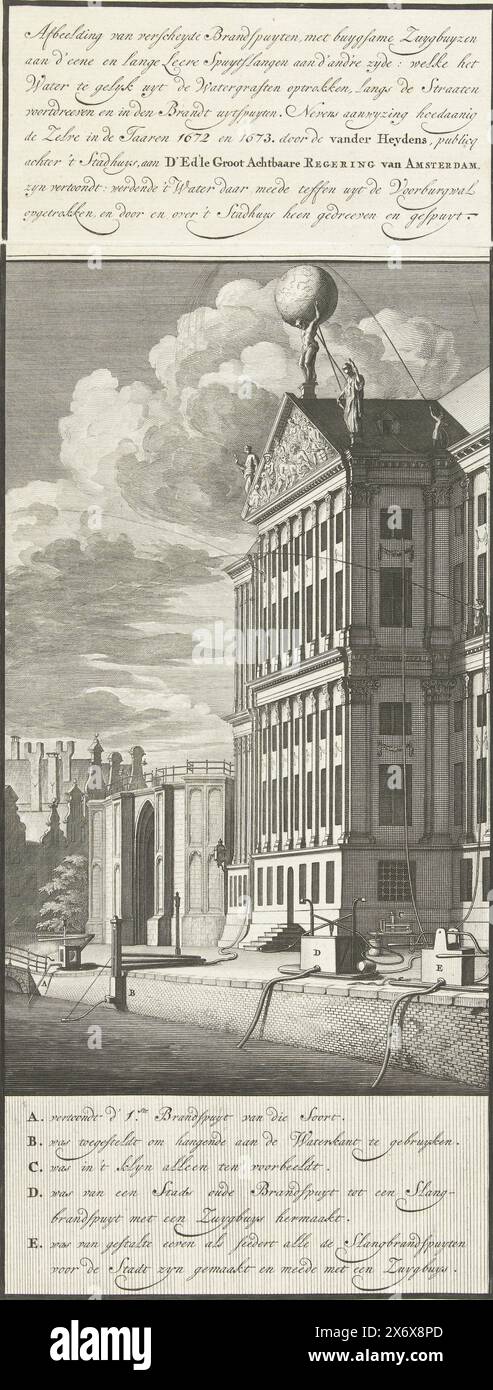 Dimostrazione delle manichette antincendio sull'acqua del Nieuwezijds Voorburgwal dietro il municipio, 1672-1673, immagine di vari beccucci di fuoco, con buygsame Zuygbuyzen aan d'eene e Long Leere Spuytslangen aan d'and lato (…) (Titolo sull'oggetto), dimostrazione dell'uso di manichette antincendio pompando l'acqua dal Nieuwezijds Voorburgwal e spruzzandola sul municipio (1672-1673). Nella didascalia la spiegazione delle lettere A-e in olandese. Una seconda piastra con testo è stampata sopra la piastra. Piastra 22 nella ristampa del Fire Spray Book di Jan van der Heyden del 1735., stampa, stampa Foto Stock