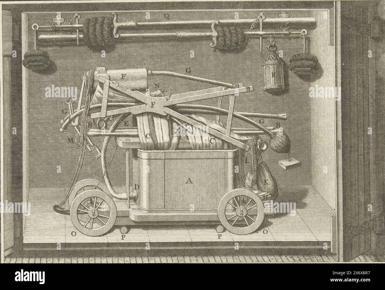 In che modo il tubo e la pompa antincendio devono essere riposti nel locale macchine antincendio dopo l'uso, circa 1750, un'illustrazione di come il tubo e la pompa antincendio devono essere riposti nel locale macchine antincendio dopo l'uso, circa 1750? Fa parte dei supplementi al Fire Spray Book di Jan van der Heyden., stampa, tipografo: Anonimo, Paesi Bassi del Nord, 1700 - 1799, carta, incisione, altezza, 135 mm x larghezza, 190 mm Foto Stock