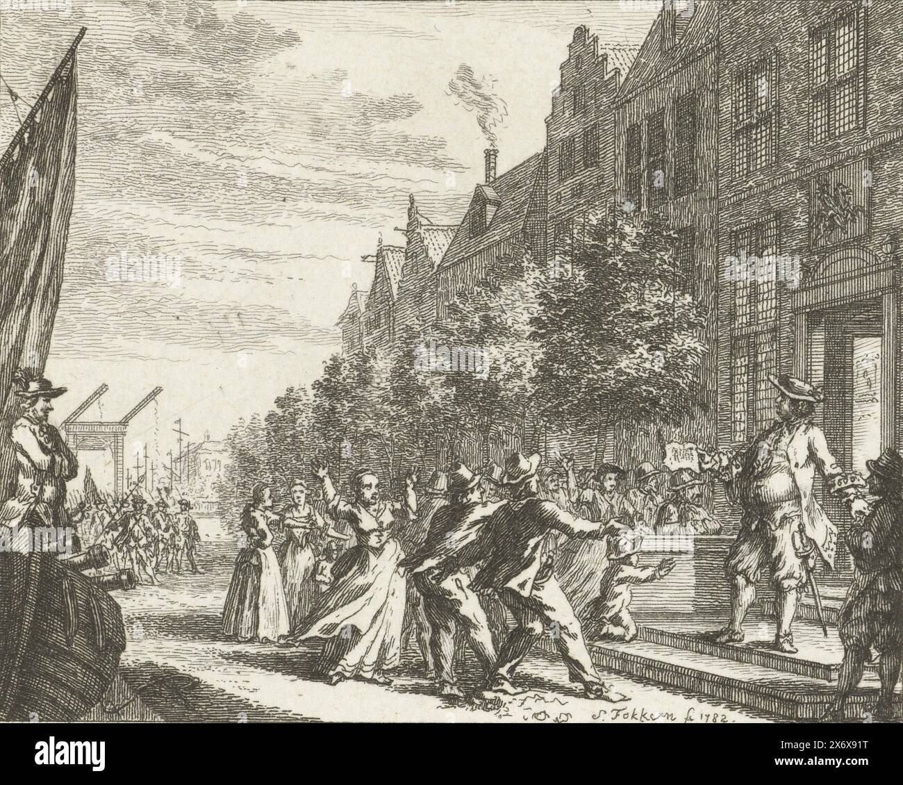 Rivolta di fronte alla casa dell'ammiraglio De Ruyter, 1672 anni, folla arrabbiata davanti alla casa dell'ammiraglio De Ruyter sul Prins Hendrikkade ad Amsterdam. Fu falsamente accusato di voler tradire la flotta ai francesi, il 6 ottobre 1672., stampatore: Simon Fokke, (menzionato sull'oggetto), Paesi Bassi del Nord, 1782, carta, incisione, altezza, 75 mm x larghezza, 91 mm Foto Stock