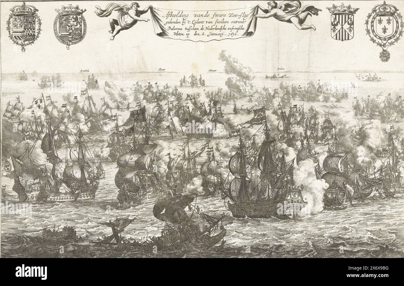 Battaglia in mare a Stromboli, 1676, immagine della pesante battaglia in mare tenuta a 't Eylant in Sicilia vicino a Palermo tra le flotte olandese e francese l'8 gennaio. 1676 (titolo su oggetto), Story of the Bloody Sea Battle, Between the Fleet of Our State, under the Lord LT. Admirael Generael Michiel ADR. De Ruyter, Cavaliere; e la forza navale francese, al comando dell'ammiraglio Sr. du Quesne, avvenuta l'8 gennaio 1676, nei pressi dell'Eylandt van Sicilien (titolo oggetto), Battaglia di Stromboli l'8 gennaio 1676 tra la flotta della Repubblica al comando di Michiel de Ruyter e una flotta francese al comando di Abraham Duquesne. Al Foto Stock