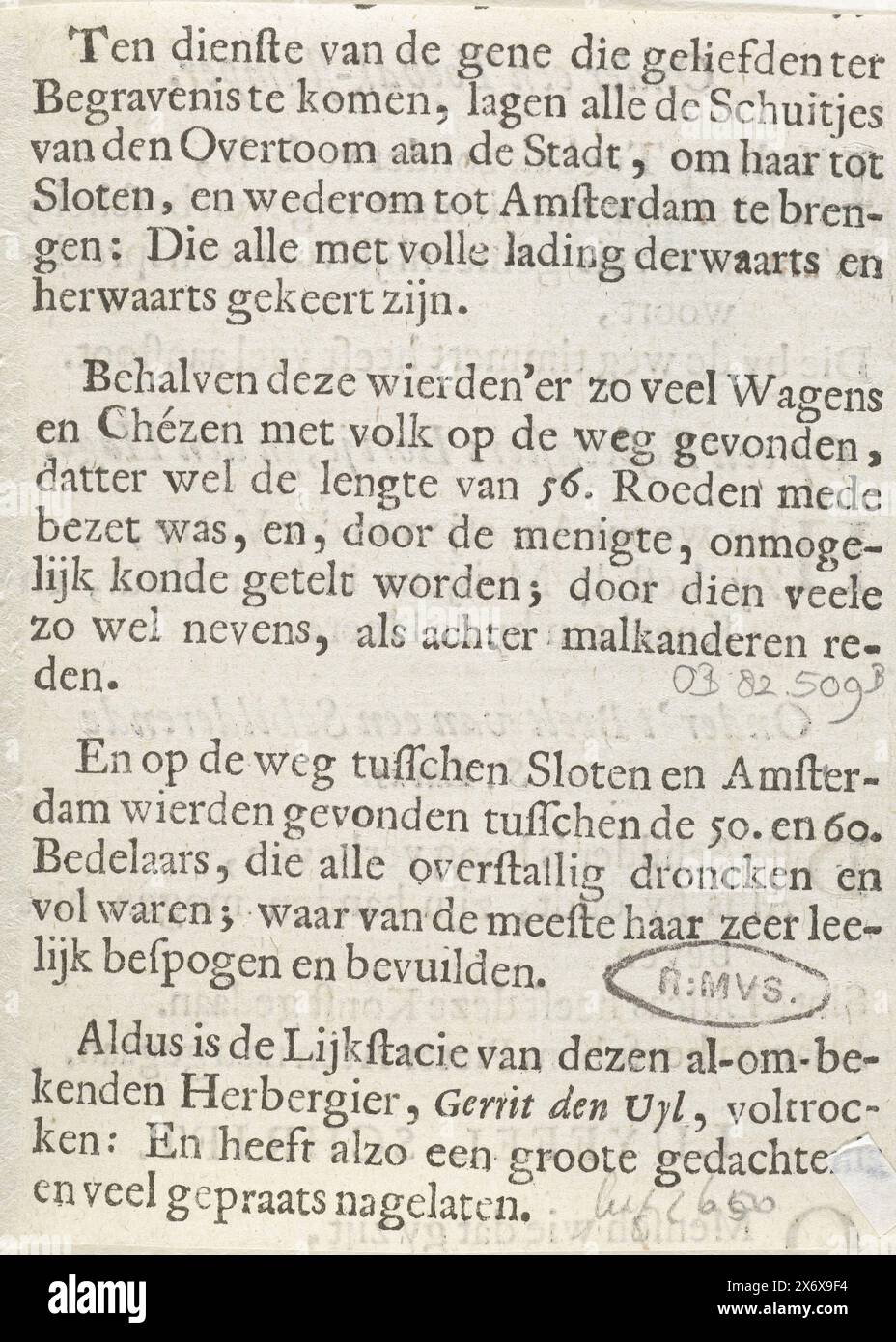 Descrizione del banchetto al funerale di Gerrit Dirksz. Den Uyl, locandiere a Sloten, 1680, Short Note from the Burial of Gerrit Dirksz. Den Uyl, locandiere di Sloten, den 21 maggio 1680 (titolo sull'oggetto), foglio di testo con descrizione del banchetto al funerale di Gerrit Dirksz. Den Uyl, locandiere a Sloten, 22 maggio 1680. Elenco delle quantità di alimenti e bevande consumati e bevuti., foglio di testo, stampatore: Anonimo, Paesi Bassi settentrionali, (eventualmente), 1680, carta, stampa intestata, altezza, 104 mm x larghezza, 82 mm Foto Stock