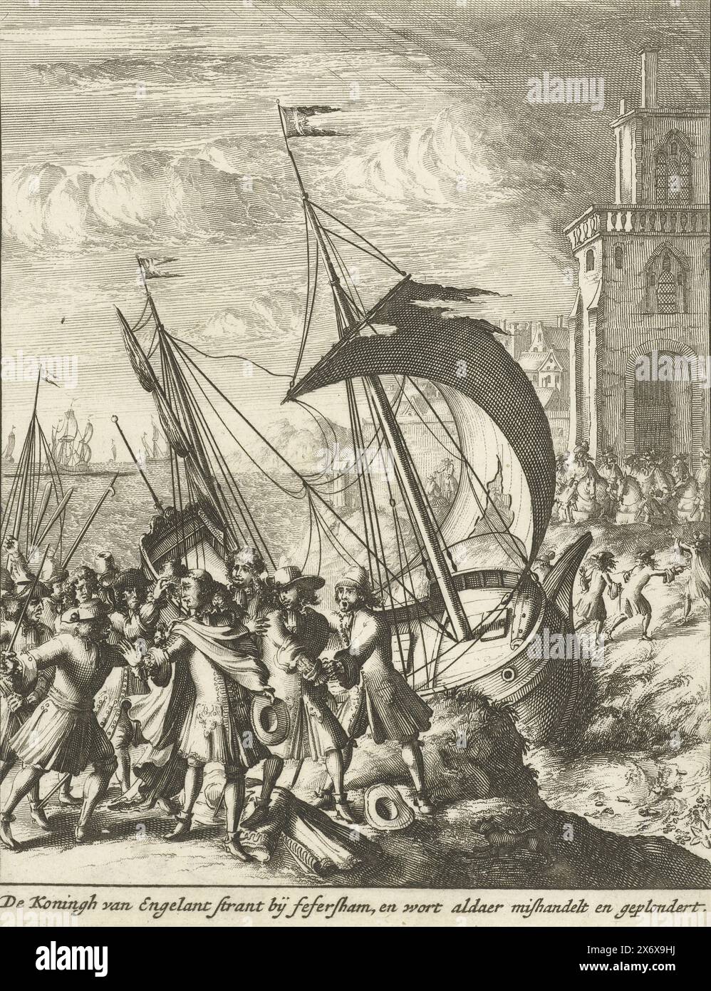 Il re in fuga Giacomo II viene arrestato a Faversham, 1689, il re d'Inghilterra è bloccato a Fefersham, e viene abusato e saccheggiato lì (titolo sull'oggetto), il re inglese in fuga Giacomo II viene riconosciuto, abusato e arrestato dai marinai a Faversham, 20 dicembre 1688. anonimo, stampatore: Bastiaen Stopendael, (possibilmente), Paesi Bassi del Nord, 1689, carta, incisione, altezza, 175 mm x larghezza, 134 mm Foto Stock