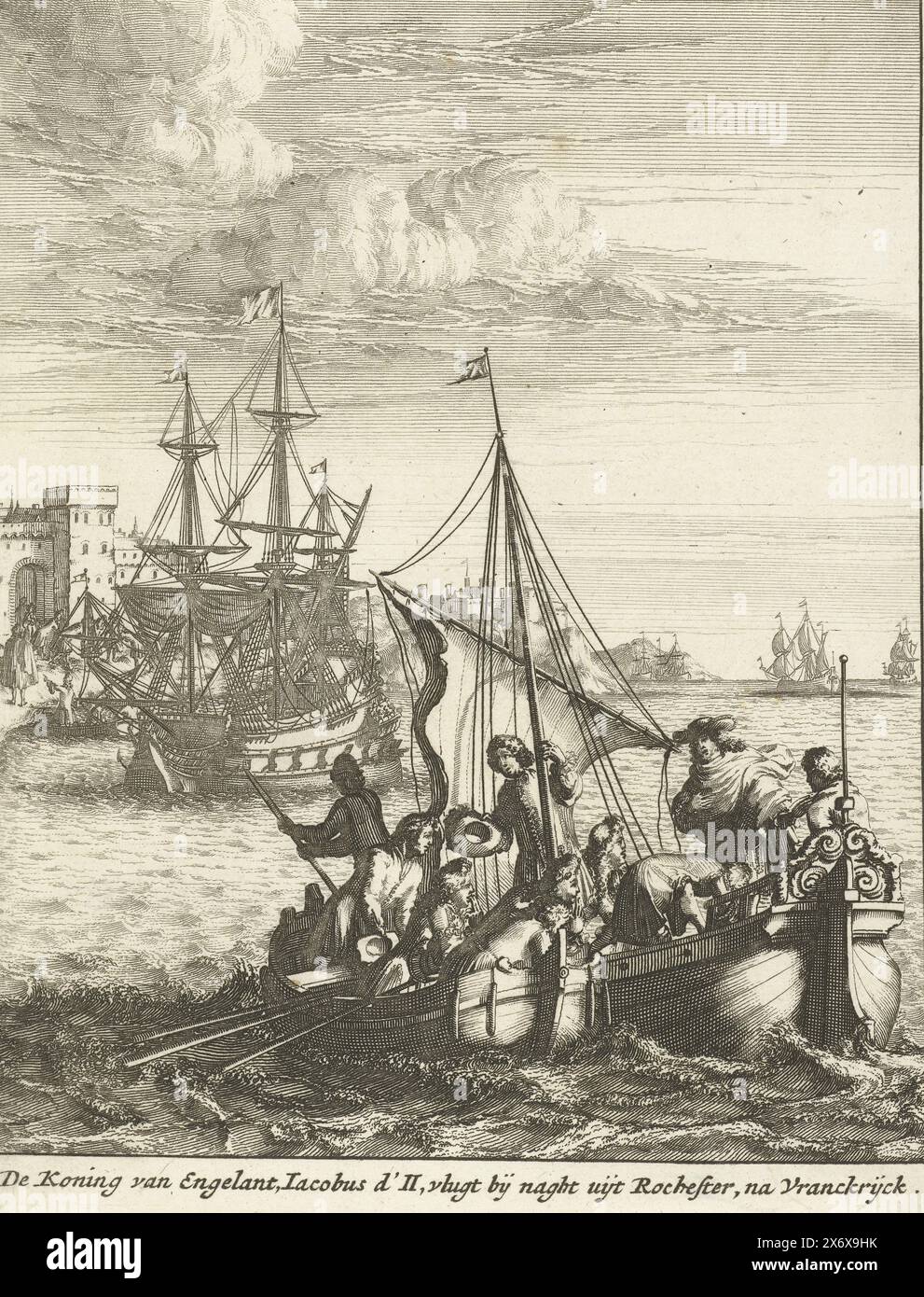 Volo del re Giacomo II in Francia, 1688, il re di Engelant, Jacobus d'II, fugge da Rochester di notte, dopo Vranckrijck (titolo oggetto), il volo del re inglese Giacomo II da Rochester alla Francia, 2 gennaio, 1689 il re naviga in un sloop verso la nave che lo porterà in Francia., stampa, tipografo: anonimo, tipografo: Bastiaen Stopendael, (possibilmente), Paesi Bassi del Nord, 1689, carta, incisione, altezza, 173 mm x larghezza, 134 mm Foto Stock