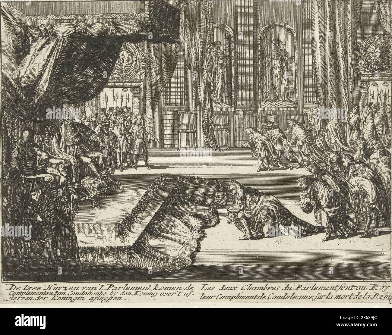 I membri del Parlamento porgono le loro condoglianze a re Guglielmo III dopo la morte della regina, 1695, le due camere del Parlamento vengono a dare i complementi di dolcezza al re alla morte della regina (titolo sull'oggetto), l'inglese Schoutoneel, raffiguranti gli eventi più memorabili in Inghilterra, Irlanda, Francia e Paesi Bassi, dall'anno 1692 fino alla sepoltura della regina Maria il secondo, 1695 (titolo della serie sull'oggetto), i membri della camera dei lord e della camera dei comuni del Parlamento inglese condogliano re Guglielmo III dopo la morte della regina Maria II Foto Stock