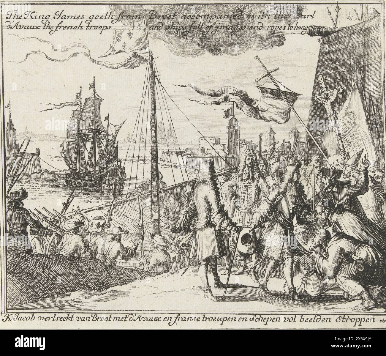 Re Giacomo II lascia Brest per l'Irlanda con le truppe francesi, 1689, il re Giacomo parte da Brest accompagnato con il conte d'Avaux le truppe francesi e navi piene di immagini e corde da impiccare, K: Jacob lascia Brest con d'Avaux e le truppe francesi e navi piene di statue ecc.. (titolo su oggetto), Battaglia di re Giacomo II d'Inghilterra contro l'esercito inglese in Irlanda nel 1689 (titolo della serie), re Giacomo II parte con le navi con le truppe francesi al comando del conte d'Avaux da Brest all'Irlanda, marzo 1689. Targa n. 2 in una serie sulla battaglia condotta dal deposto re cattolico Giacomo II d'Inghilterra Foto Stock
