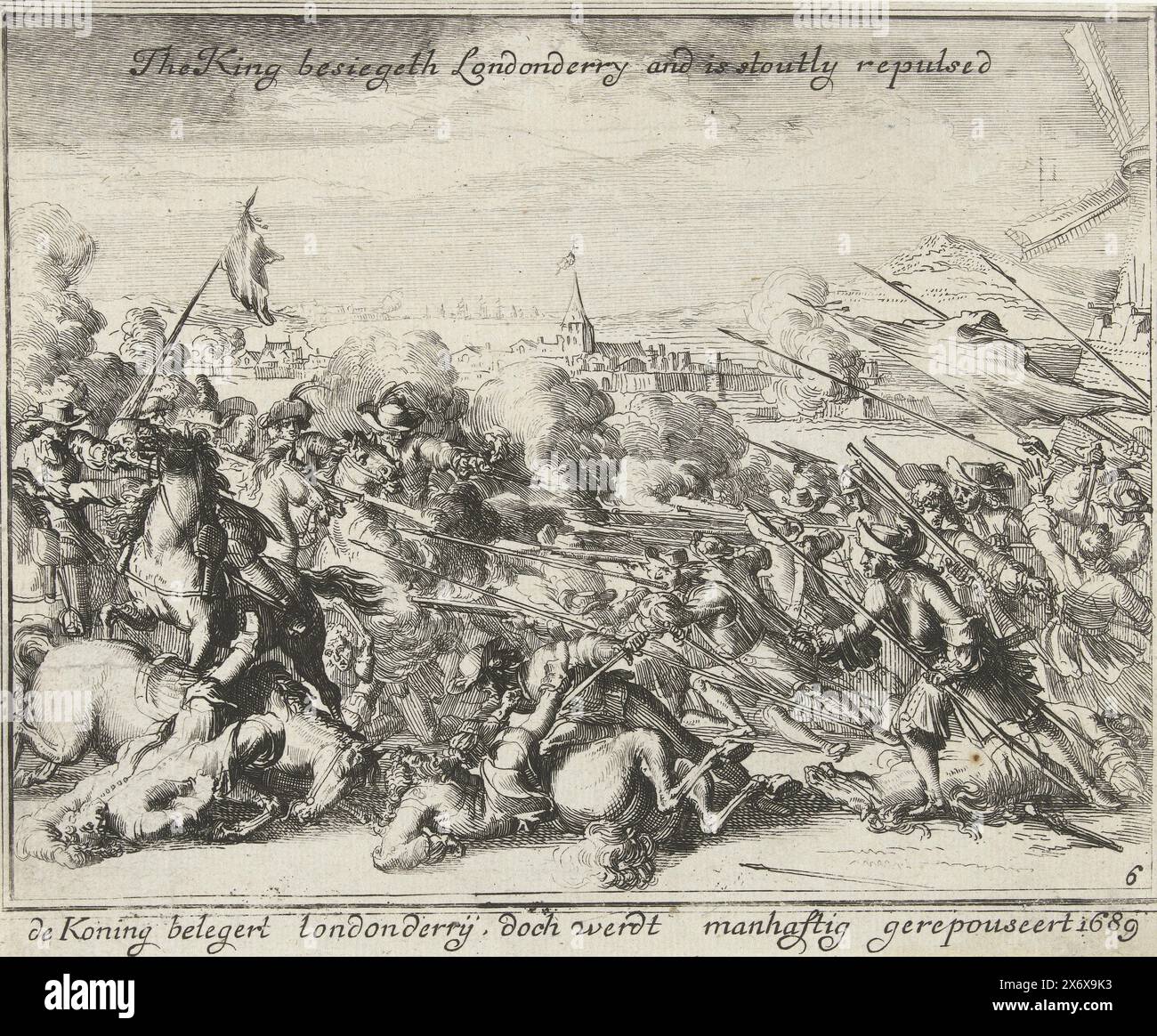 Re Giacomo II assediò Londonderry ma fu respinto, 1689, il re assediò Londonderry ed è fermamente respinto, il re assediò Londonderry ma fu violentemente respinto 1689 (titolo sull'oggetto), Battaglia di re Giacomo II d'Inghilterra contro l'esercito inglese in Irlanda 1689 (titolo della serie), l'assedio di Londonderry del 18 aprile 1689 da parte dell'esercito di re Giacomo II fu respinto il 28 luglio 1689. Targa n. 6 in una serie sulla battaglia condotta dal deposto re cattolico Giacomo II d'Inghilterra contro l'esercito inglese in Irlanda nel 1689., stampa, stampatore: Anonimo, editore: Johannes Tangena (17e eeuw Foto Stock