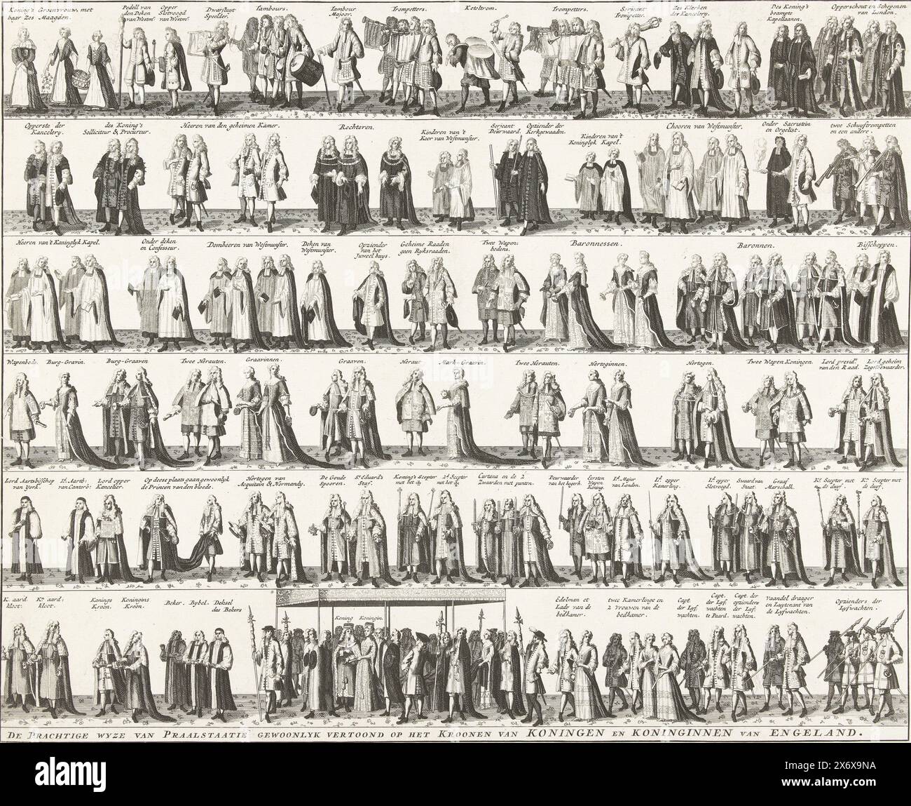 Processione con Guglielmo III e Maria per l'incoronazione nell'Abbazia di Westminster, 1689, il bel modo di sfarzo solitamente esposto all'incoronazione dei Re e delle Regine d'Inghilterra (titolo sull'oggetto), processione con il principe Guglielmo III e la principessa Maria II Stuart da Westminster Hall dopo la cerimonia di incoronazione nell'Abbazia di Westminster, 21 aprile 1689. La processione raffigurata in sei file, tutte le figure hanno il titolo o la posizione indicati. Contrassegnato in alto a destra: FOL. 20., stampa, stampatore: Anonimo, dopo stampa di: Samuel Moore, stampatore: Paesi Bassi del Nord, dopo stampa di: Inghilterra, 1725 Foto Stock