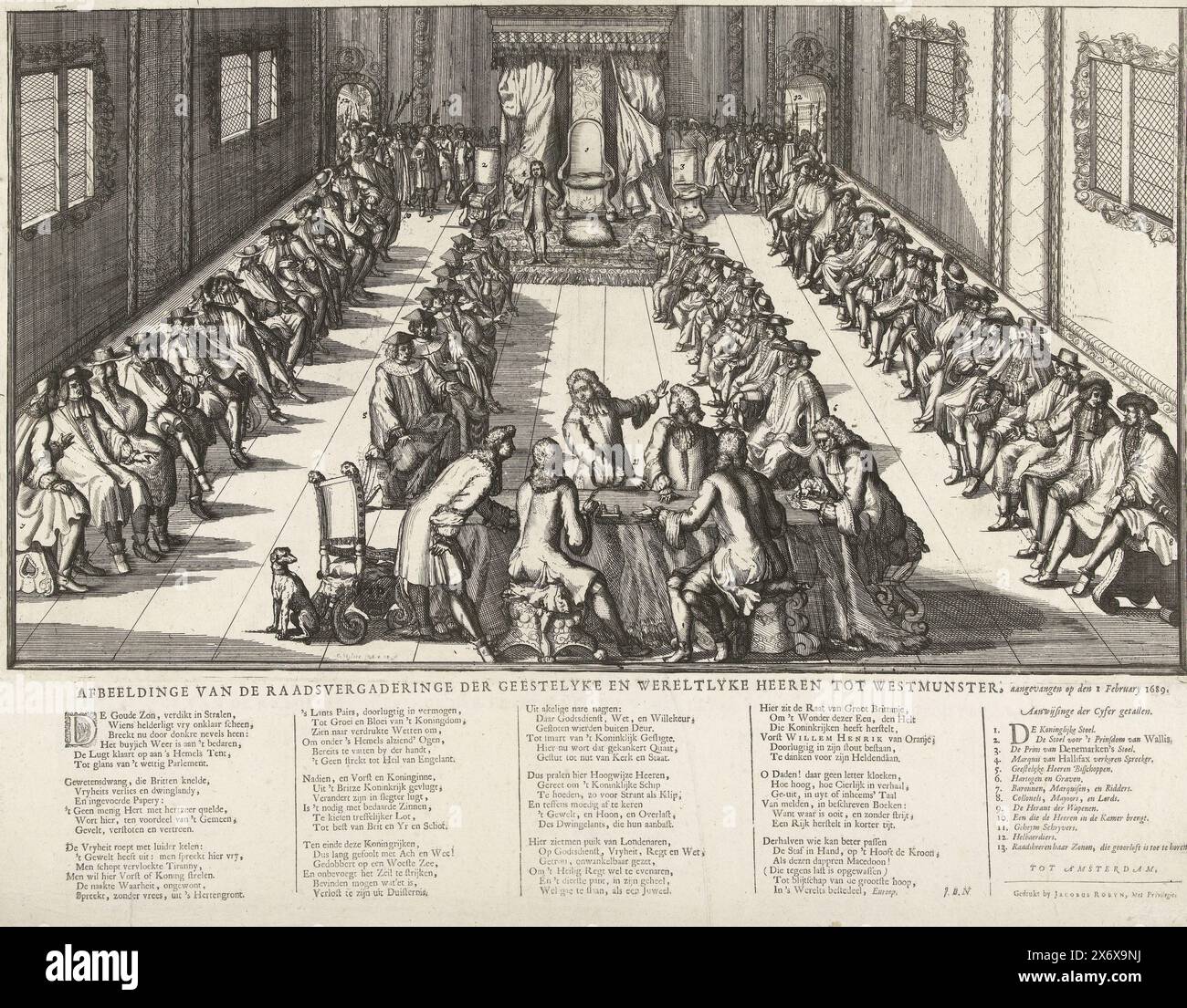 Sessione della camera dei lord durante la Convenzione del 1689, immagine della riunione del consiglio dei signori spirituali e mondani a Westmunster, iniziata il 1 febbraio 1689 (titolo sull'oggetto), sessione della camera dei lord durante la Convenzione convocata da re Guglielmo III, 1 febbraio 1689. Al centro e a sinistra e a destra i signori siedono sulle panchine. Davanti gli impiegati si siedono intorno a un tavolo. La sedia per il re è vuota. Sotto la piastra in cinque colonne un verso (firmato J.B.N.) e la legenda 1-13., stampa, stampatore: Cornelis Huyberts, (menzionato sull'oggetto), editore: Jacobus Robijn, ( Foto Stock