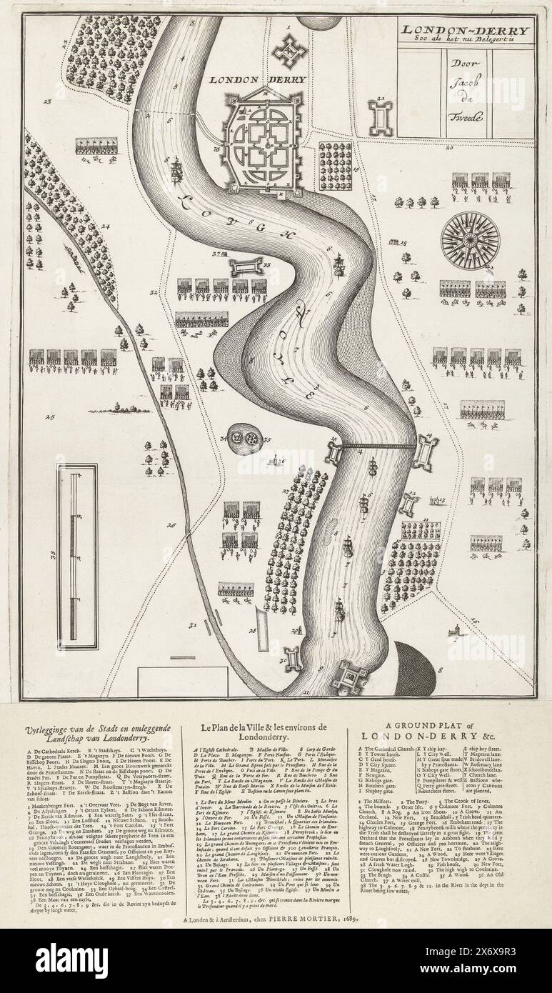 Mappa dell'assedio di Londonderry, 1689, London-Derry Soo come è ora sotto assedio da Giacomo il secondo (titolo sull'oggetto), Mappa dell'assedio di Londonderry da parte dell'esercito di Giacomo II, dal 18 aprile al 28 luglio 1689. Sotto la mappa c'è un foglio con le leggende A-Z e 1-38 in tre colonne in olandese, francese e inglese., stampa, stampatore: Anonimo, editore: Pieter Mortier (i), (menzionato sull'oggetto), stampatore: Paesi Bassi del Nord, editore: Londra, 1689, carta, incisione, stampa con carta intestata, altezza, 545 mm x larghezza, 303 mm Foto Stock