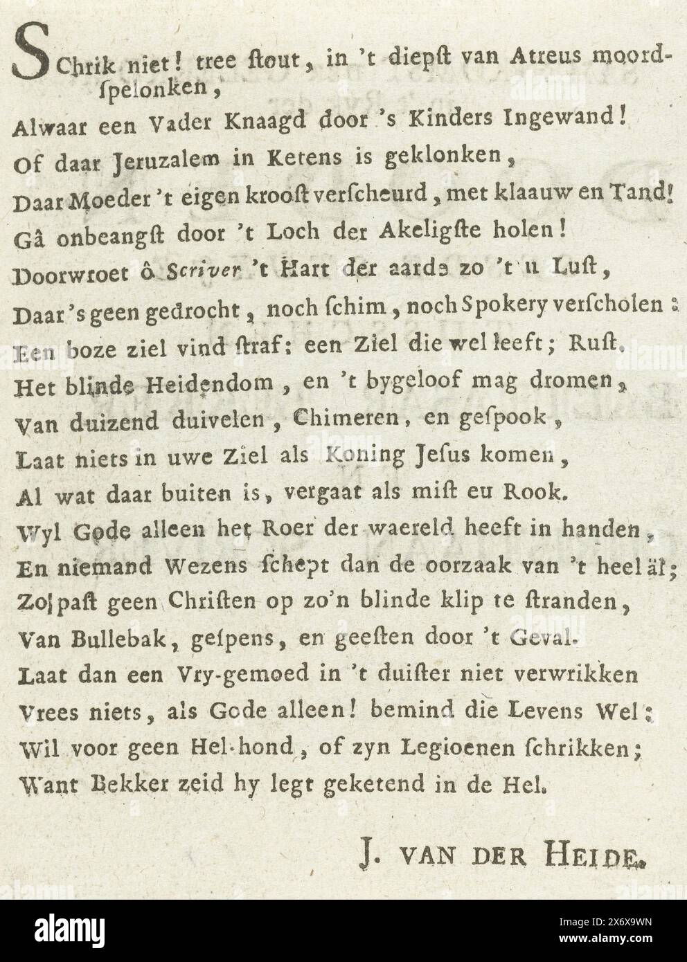 Versetto all'incontro di Christiaan Scriver e Balthasar Bekker, incontro di studiosi nel Regno dei morti. Sesto pezzo. Tra Balthasar Bekker e Christiaan Scriver (titolo sull'oggetto), Verse sull'incontro nel regno dei morti tra gli studiosi Christiaan Scriver e Balthasar Bekker. Foglio di testo con pagina del titolo e verso su entrambi i lati. Parte di un gruppo di fogli in relazione alla pubblicazione nel 1691 del libro: De Enchanted wereld, di Balthasar Bekker., foglio di testo, Jan van der Heide, (menzionato sull'oggetto), 1739, carta, stampa tipografica, altezza, 116 mm x larghezza, 85 mm Foto Stock