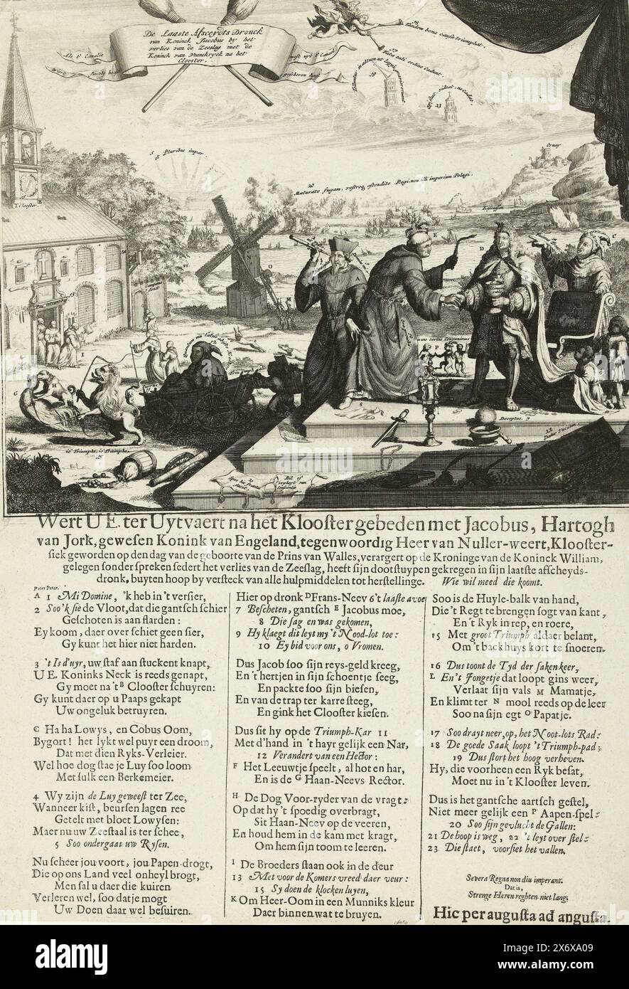 Cartoon on James II after the loss at Cape la Hogue, 1692, De Laatste Afsceydts Dronck van Koninck Jacobus dopo la perdita della battaglia con il Koninck van Vranckryck after the Cloister (titolo sull'oggetto), Wert U.E. ter Uytvaert dopo che il monastero pregò con Jacobus, Hartogh van Jork, ex re d'Inghilterra (...) (titolo sull'oggetto), Cartoon sul re inglese Giacomo II dopo la vittoria degli olandesi e degli inglesi sui francesi nella battaglia di Capo la Hogue nel Canale, dal 29 maggio al 3 giugno 1692, e sulla sua intenzione di entrare nel monastero. James come monaco con una corona rotta e rotta Foto Stock