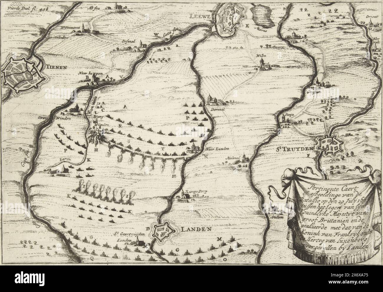 Mappa della battaglia di Landen, 1693, Pertinente Caert o immagini del battaglione il 29 luglio 1693 (...) di Landen (titolo sull'oggetto), Mappa del campo di battaglia con le posizioni degli eserciti durante la battaglia di Landen ( Neerwinden) tra gli Alleati sotto il re Guglielmo III e i francesi sotto il duca di Lussemburgo, il 29 luglio 1693. Contrassegnato in alto a sinistra: Quarta parte fl: 438., stampa, tipografo: Anonimo, Paesi Bassi del Nord, 1693 - 1694, carta, incisione, altezza, 180 mm x larghezza, 261 mm Foto Stock