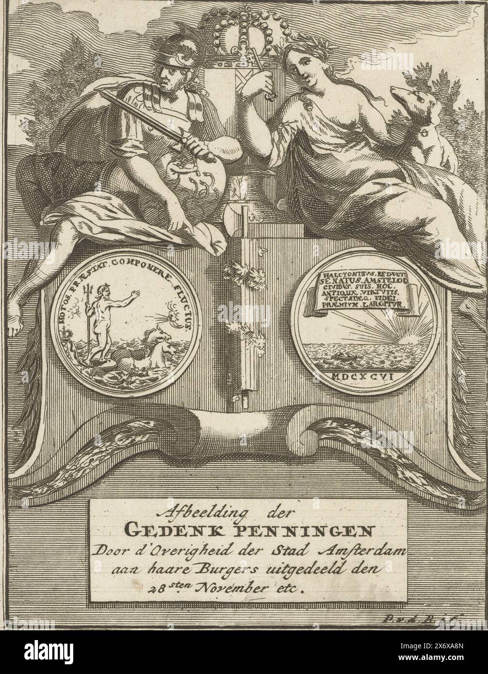 La medaglia commemorativa distribuita dal comune ai membri della milizia per il ripristino della pace durante la rivolta dello speaker, 1696, immagine delle medaglie commemorative distribuite dal governo della città di Amsterdam ai suoi cittadini il 28 novembre ecc. (titolo sull'oggetto), rappresentazione allegorica con entrambi i lati della medaglia commemorativa distribuita il 28 novembre 1696 dal consiglio comunale della città di Amsterdam ai membri della milizia in segno di gratitudine per aver ripristinato la pace durante la rivolta di nomina, 31 gennaio-1 febbraio 1696. Contrassegnato in alto a destra: FOL. 310. stampa Foto Stock