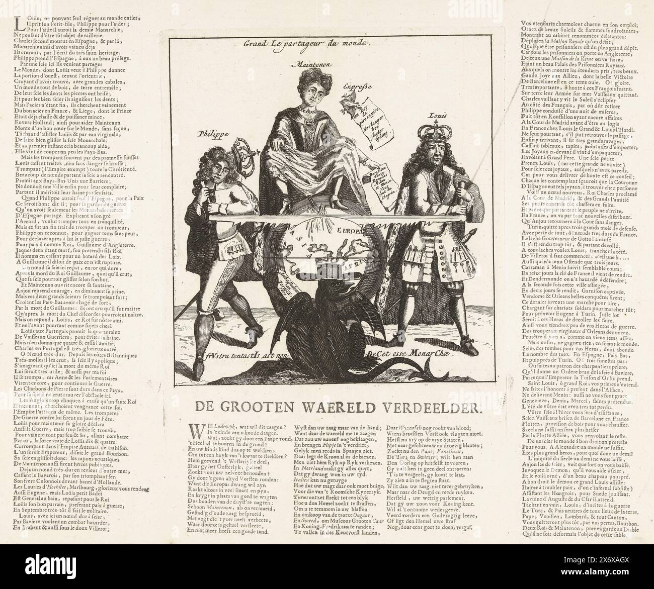 Il grande divisore del mondo, 1706, De Grooten Waereld Verdeelder, Grand le partageur du monde (titolo sull'oggetto), Royal Almanach del 1701, 't Lusthof van Momus (titolo della serie), Cartoon of Louis che cerca di vedere il mondo in due. In cima al globo si trova Madame de Maintenon che urina sulla sega per lubrificare la lama. In primo piano un diavolo con un cappello cardinale di Portocarrero. Versi stampati in francese e olandese sulla pagina sotto e accanto alla piastra. Parte di una serie di 19 cartoni animati sui francesi e gli alleati dell'anno 1706., stampa, stampatore: Anonimo, editore: Carel Allard, ( Foto Stock