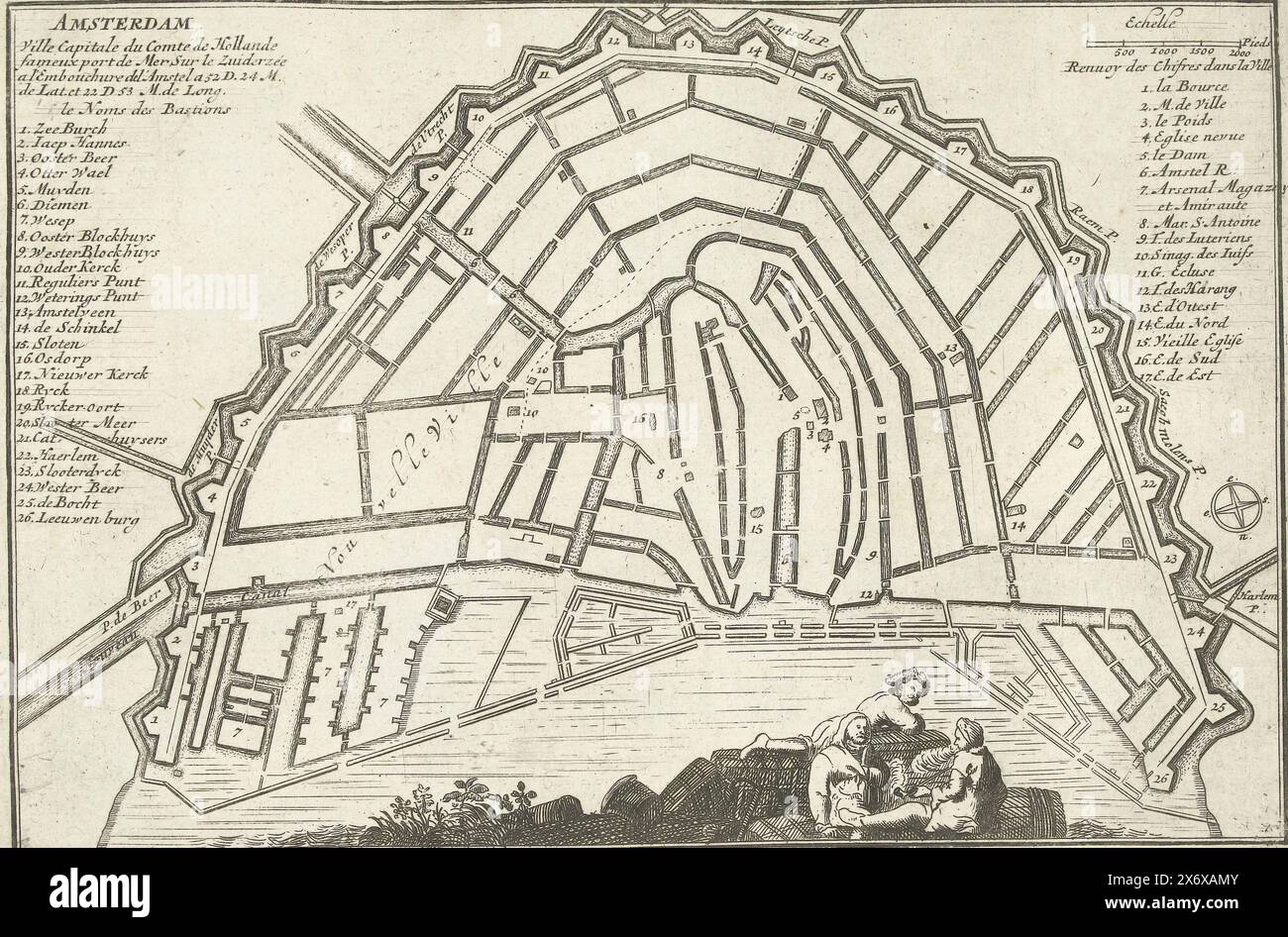 Mappa di Amsterdam, 1726, piano delle difese intorno ad Amsterdam. Targa n. 290 in targhe di grandi città e fortezze nel contesto della guerra di successione spagnola 1701-1713. La maggior parte di queste tavole sono state copiate da anonime tavole francesi di famose città e fortezze forti: In Les Forces de l'Europe e in: Le Theatre de la guerre, dans les Pays-Bas, entrambe originariamente pubblicate da Nicolas de Fer a Parigi (1693-1697) nel contesto della Guerra dei nove anni. Titoli e iscrizioni in francese., stampa, stampatore: Anonimo, editore: Pieter van der AA (i), stampa Foto Stock