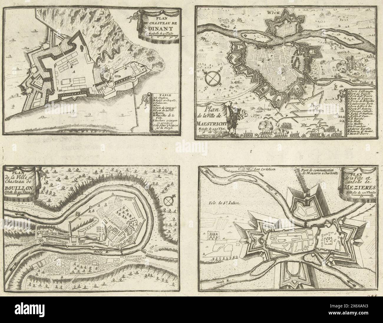 Mappe di Dinant, Maastricht, Bouillon e Mézières, 1726, Dinant, Maestricht, Bouillon, Mezieres (titolo sull'oggetto), Les Forces de l'Europe, Asia, Afrique et Amerique (...) Comme also les Cartes des Côtes de France et d'Espagne (titolo della serie sull'oggetto), Foglio con quattro mappe delle difese intorno alle città di Dinant, Maastricht, Bouillon e Mézières. Targa n. 288 in parte targhe di rinomate città e fortezze forti nel contesto della guerra di successione spagnola 1701-1713. La maggior parte di queste lastre sono state copiate da anonime lastre francesi di rinomate città e fortezze forti: In Foto Stock