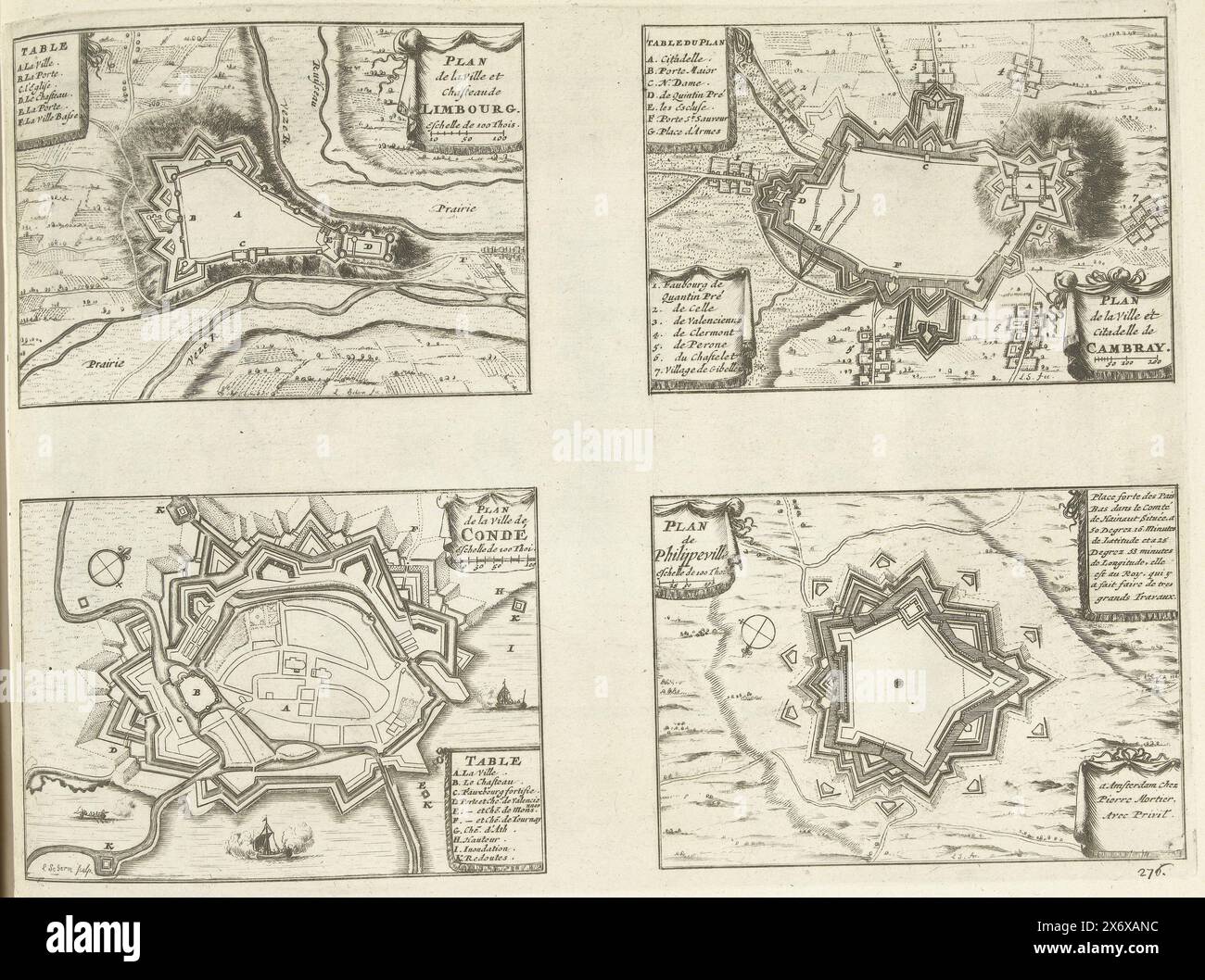 Mappe di Limbourg, Cambrai, Condé e Philippeville, 1726, Limbourg, Cambray, Condé, Philippeville (titolo sull'oggetto), Les Forces de l'Europe, Asie, Afrique et Amerique (...) Comme also les Cartes des Côtes de France et d'Espagne (titolo della serie sull'oggetto), Foglio con quattro mappe delle fortificazioni intorno alle città di Limbourg, Cambrai (Kamerijk), Condé e Philippeville. Targa n. 276 in parte targhe di rinomate città e fortezze forti nel contesto della guerra di successione spagnola 1701-1713. La maggior parte di queste lastre sono state copiate da anonime lastre francesi di rinomate città forti Foto Stock