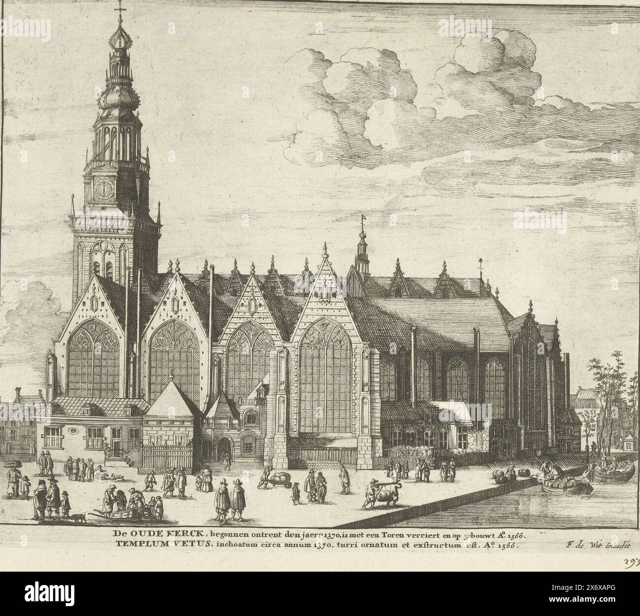 Vista dell'Oude Kerk di Amsterdam, 1726, De Oude Kerck (...), Templum Vetus (...) (titolo sull'oggetto), Les Forces de l'Europe, Asie, Afrique et Amerique (...) Comme also les Cartes des Côtes de France et d'Espagne (titolo della serie sull'oggetto), Vista dell'Oude Kerk di Amsterdam. Targa n. 293 in targhe di grandi città e fortezze nel contesto della guerra di successione spagnola 1701-1713. La maggior parte di queste lastre sono state copiate da anonime lastre francesi di rinomate città e fortezze forti: In Les Forces de l'Europe e in: Le Theatre de la guerre, dans les Pays-Bas Foto Stock