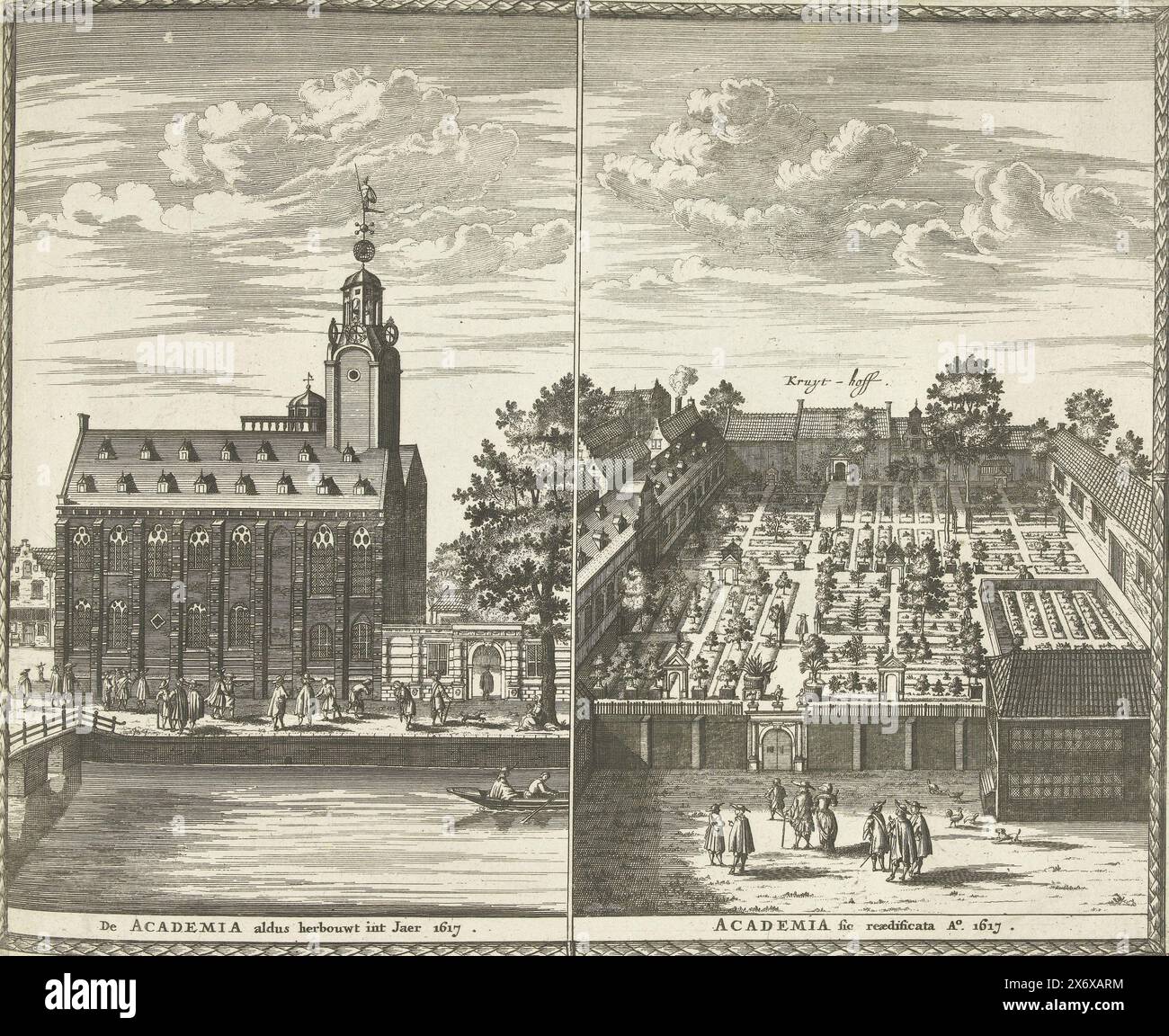 Vista dell'edificio dell'Accademia di Leida, 1726, l'Accademia così ricostruita nel 1617, Academia (...) (titolo oggetto), Les Forces de l'Europe, Asia, Afrique et Amerique (...) Comme also les Cartes des Côtes de France et d'Espagne (titolo della serie sull'oggetto), vista sull'edificio dell'Accademia e sul giardino delle erbe (Hortus Botanicus) dell'Università di Leida. Targa n. 305 in targhe di grandi città e fortezze nel contesto della guerra di successione spagnola 1701-1713. La maggior parte di queste lastre sono state copiate da anonime lastre francesi di rinomate città forti Foto Stock