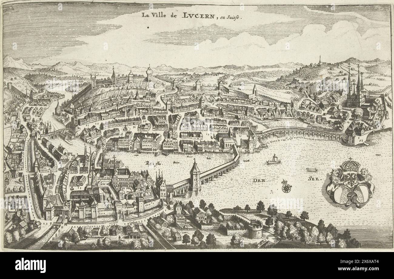 Vista di Lucerna, 1726, la Ville de Lucern, en Suisse (titolo sull'oggetto), Les Forces de l'Europe, Asia, Afrique et Amerique (...) Comme also les carte des Côtes de France et d'Espagne (titolo della serie sull'oggetto), veduta di Lucerna in Svizzera. Targa n. 332 in parte targhe di rinomate città e fortezze forti nel contesto della guerra di successione spagnola 1701-1713. La maggior parte di queste tavole sono state copiate da anonime tavole francesi di famose città e fortezze forti: In Les Forces de l'Europe e in: Le Theatre de la guerre, dans les Pays-Bas, entrambe originariamente pubblicate da Nicolas Foto Stock