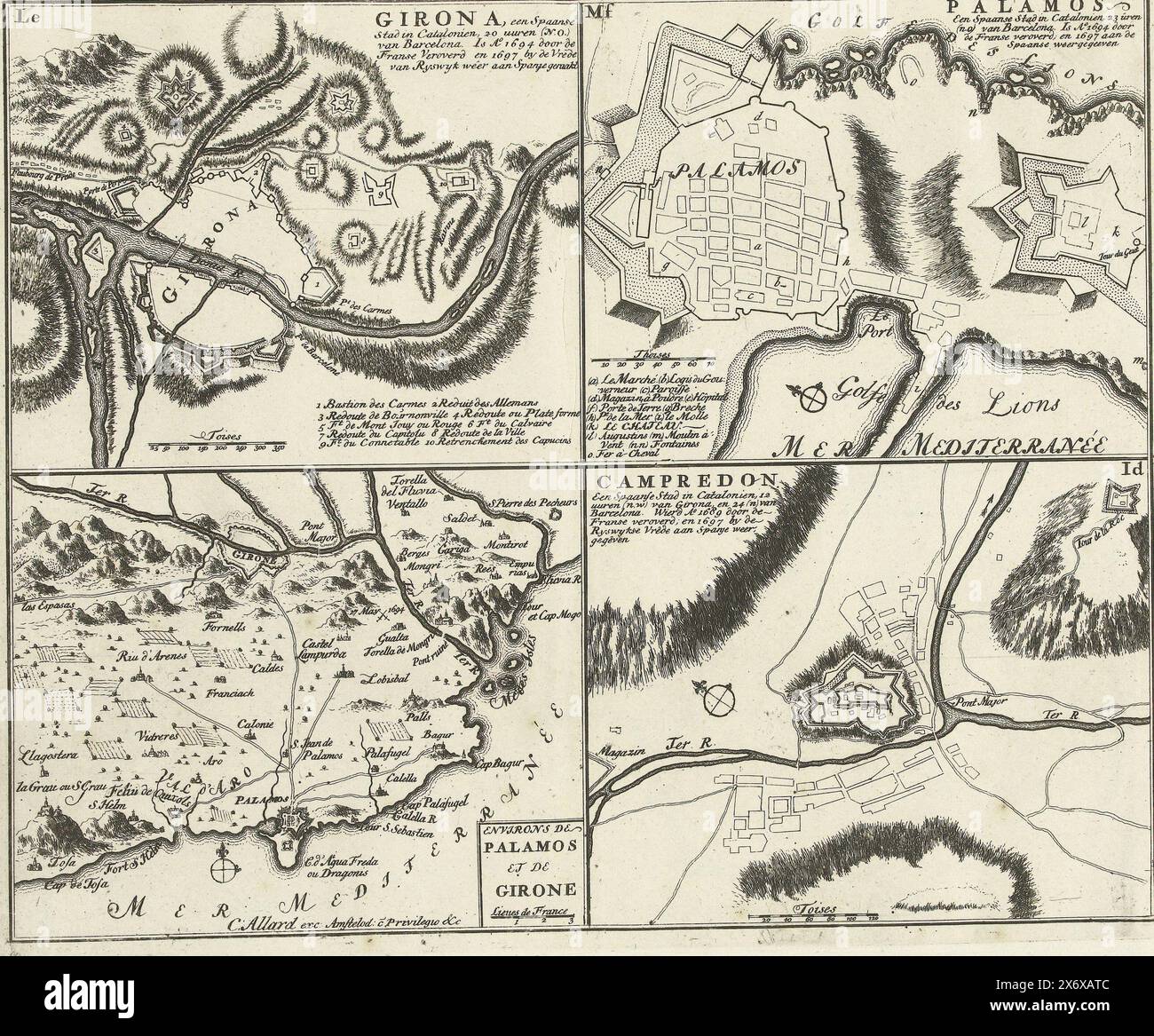 Quattro mappe di città della Catalogna, CA. 1701-1713, le Girona, Palamos, dintorni di Palamos e Girone, Campredon (titolo oggetto), Les Principales Forteresses & Villes Fortes, d'Espagne, de France, d'Italie, de Savoia, d'Allemagne & des Pais-Bas (...), immagini accurate delle più importanti città forti e Fortresse di Spagna, Francia, Italia, Savoia, Germania e Paesi Bassi (...) (titolo della collana su oggetto), Foglia con quattro mappe delle città della Catalogna. Parte della serie raccolta di 49 lastre di rinomate città e fortezze forti nella guerra di successione spagnola, ca. 1701-1713. Con Foto Stock