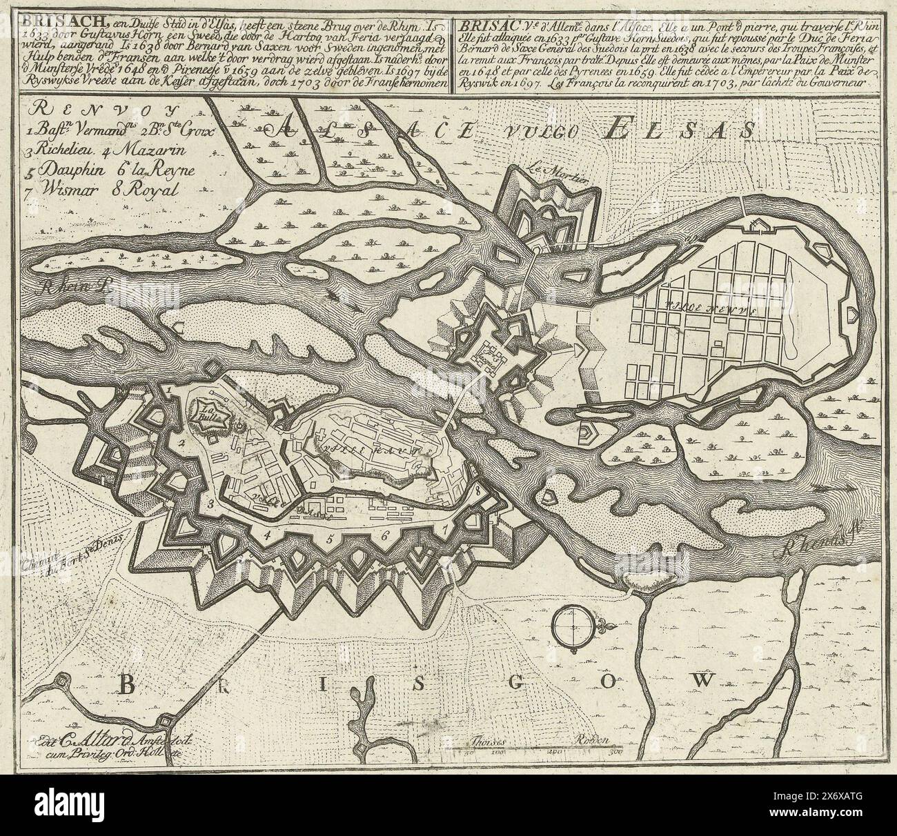 Mappa di Breisach, ca. 1701-1713, Brisach, una città tedesca in d'Elsas (...) 1703 ripresa dai francesi (titolo sull'oggetto), Les Principales Forteresses & Villes Fortes, d'Espagne, de France, d'Italy, Savoia, d'Allemagne & des Pais-Bas (...), immagini accurate delle più importanti città e fortezze di Spagna, Francia, Italia, Savoia, Germania e Paesi Bassi (...) (serie titolo su oggetto ), Mappa delle fortificazioni intorno alla città tedesca di Breisach, conquistata dai francesi nel 1703. Parte della serie raccolta di 49 lastre di famose città e fortezze durante la Guerra del Foto Stock