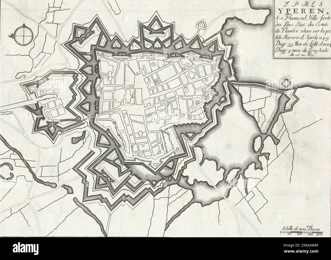 Mappa di Yperen, ca. 1693-1696, Ipres Yperen, EN Flamand, Ville forte des Pais Bas, du Comté de Flandre (...) (titolo sull'oggetto), le Theatre de la guerre, dans les Pays-Bas, ou rappresentazione delle principali villes qui sont nelle Fiandre, Hainaut, Brabante e c. Avec leurs fortifications (...) primo volume (titolo della serie sull'oggetto), Mappa delle fortificazioni intorno alla città fiamminga di Yperen. Parte della prima parte della stampa: Le Theater de la Guerre, dans les Pays-Bas, pubblicato nel 1696. Questa parte contiene 25 piatti con piani (da Sébastien le Prestre, Seigneur de Vauban) di rinomato forte Foto Stock