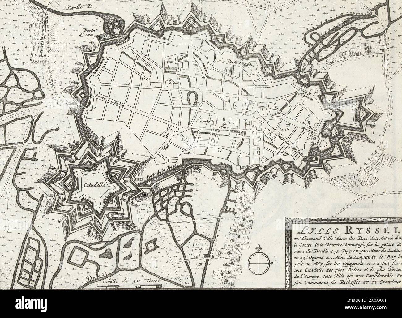 Mappa di Lille, CA. 1693-1696, Lille, Ryssel en Flamand, Ville forte des Pais Bas, Située dans le Comté de la Flandre (...) (titolo sull'oggetto), le Theatre de la guerre, dans les Pays- Bas, ou representation des principales villes qui sont en Flandres, Hainaut, Brabante e c. Avec leurs fortifications (...) primo volume (titolo della serie sull'oggetto), Mappa delle fortificazioni intorno alla città fiamminga di Lille (Rijssel). Parte della prima parte della stampa: Le Theater de la Guerre, dans les Pays-Bas, pubblicato nel 1696. Questa parte contiene 25 lastre con piani (da Sébastien le Prestre, Seigneur de Vauban Foto Stock