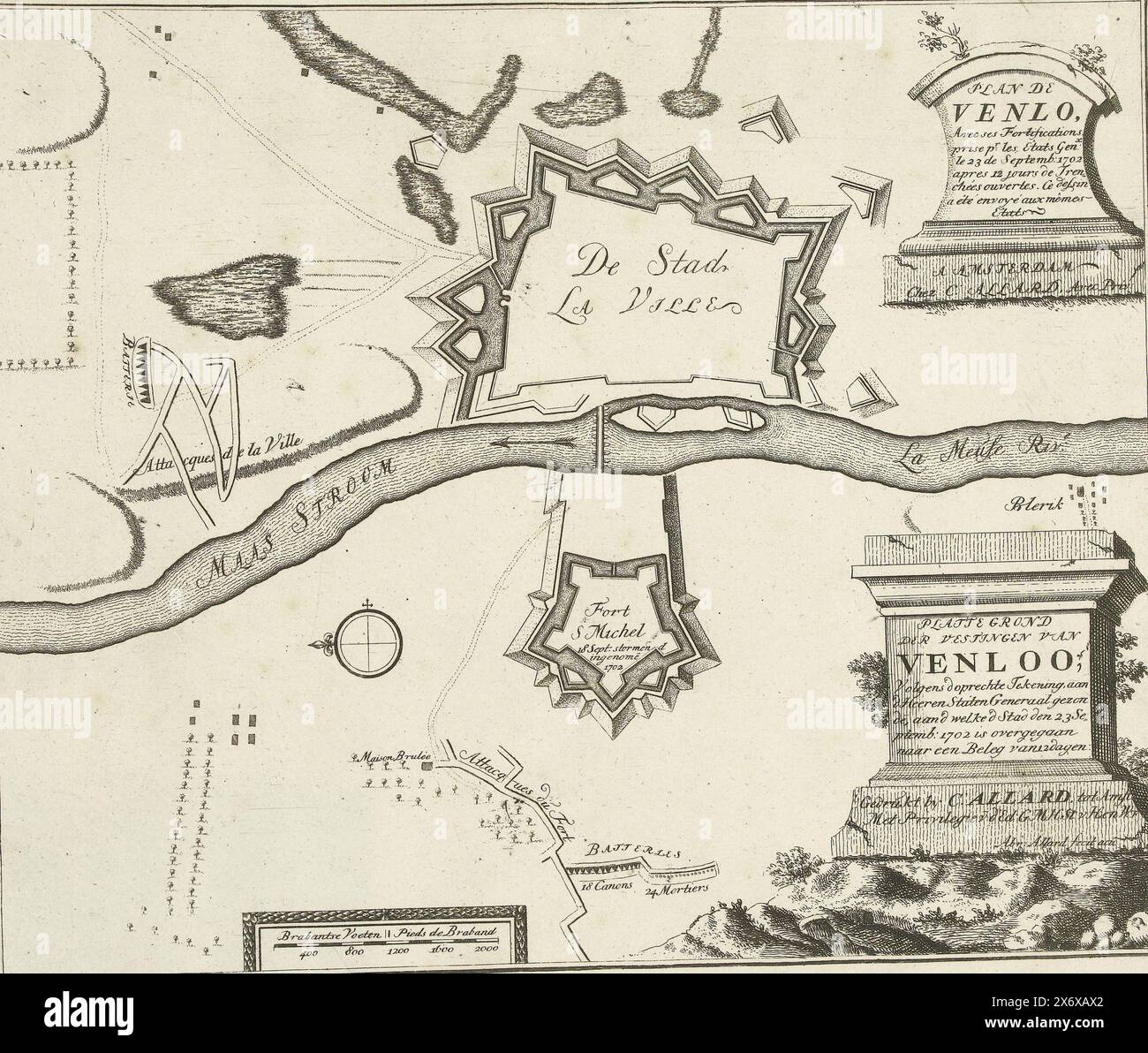 Mappa di Venlo, ca. 1701-1713, Mappa delle fortezze di Venloo, secondo il disegno autentico, inviata ai signori degli Stati generali, ai quali la città fu sottoposta ad un assedio di 12 giorni il 23 settembre 1702 (titolo in oggetto), Les Principales Forteresses & Villes Fortes, d'Espagne, de France, d'Italie, de Savoia, d'Allemagne & des Pais-Bas (...), immagini accurate delle più importanti città e fortezze della Spagna, Vrankryk, Italia, Savoyen, Duytsland e Paesi Bassi (...) (titolo della collana su oggetto), Mappa delle fortificazioni intorno e vicino alla città di Venlo. Dopo l'assedio Foto Stock