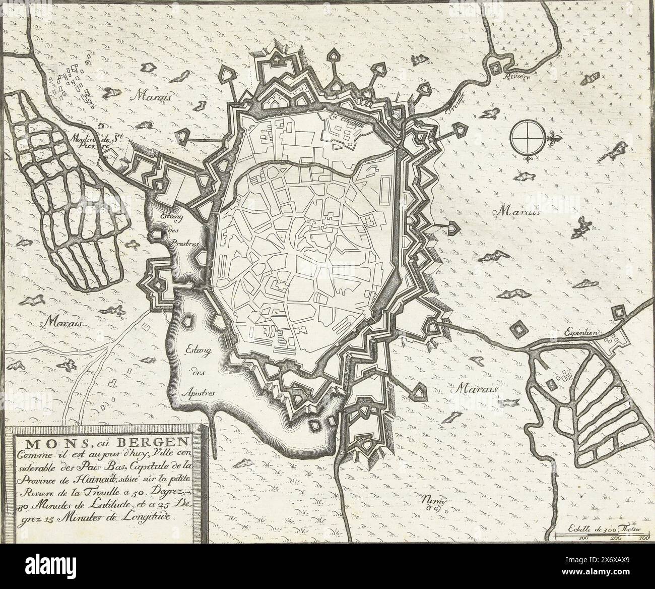 Mappa di Mons, CA. 1693-1696, Mons, ou Bergen Comme il est au jour d'huy. Ville Consideral des Pais Bas (...) (titolo sull'oggetto), le Theatre de la guerre, dans les pays-Bas, ou representation des principales villes qui sont en Flandres, Hainaut, Brabante &c.. Avec leurs fortifications (...) primo volume (titolo della serie sull'oggetto), Mappa delle fortificazioni della città di Mons (Mons) nella contea di Hainaut. Parte della prima parte della stampa: Le Theater de la Guerre, dans les Pays-Bas, pubblicato nel 1696. Questa parte contiene 25 piastre con piani (da Sébastien le Prestre, Seigneur de Vauban) di Foto Stock