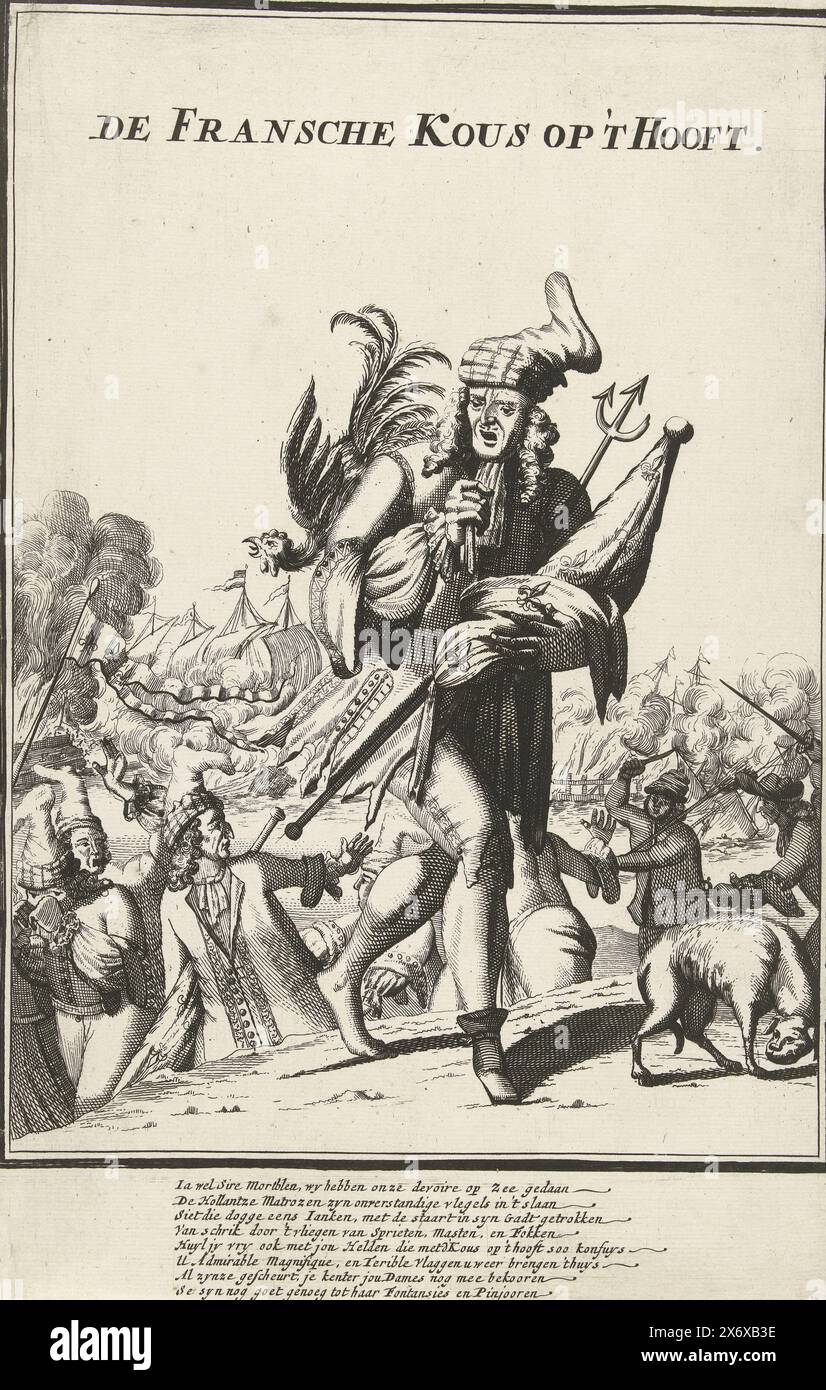 Cartoon sulla sconfitta francese nella battaglia navale nella baia di Vigo, 1702, De Fransche Kous op 't Hooft (titolo sull'oggetto), Cartoon sulla sconfitta francese da parte di una flotta inglese-olandese nella battaglia navale nella baia di Vigo, 23 ottobre 1702. I marinai francesi fuggono con una calza in testa. Con didascalia di 8 righe in olandese. Parte di un gruppo di cartoni animati separati di Luigi XIV durante la Guerra di successione spagnola, ca. 1701-1713., stampa, stampatore: Anonimo, editore: Anonimo, paesi Bassi settentrionali, 1702, carta, incisione, altezza, 293 mm x larghezza, 193 mm Foto Stock