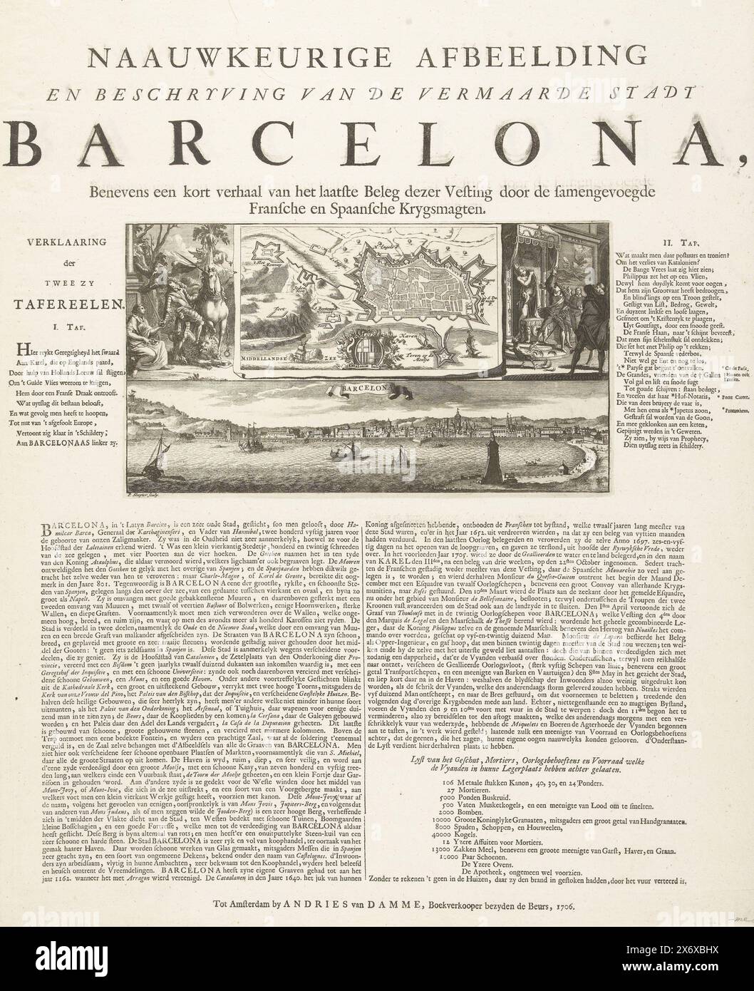 Rilievo di Barcellona, 1706, illustrazione e descrizione accurate della famosa città di Barcellona, nonché un racconto breve dell'ultimo assedio di questa fortezza da parte delle forze armate francesi e spagnole combinate (titolo sull'oggetto), Foglio con una mappa e una vista di Barcellona, assediata dai francesi e dagli spagnoli ma sollevata dagli Alleati il 12 maggio 1706. A sinistra, la giustizia consegna la spada all'arciduca Carlo d'Austria, a destra Filippo V fugge dal palazzo. Sul foglio sotto la piastra c'è un testo in 2 colonne, a sinistra e a destra della piastra versetti sulle prestazioni., stampa, stampa Foto Stock