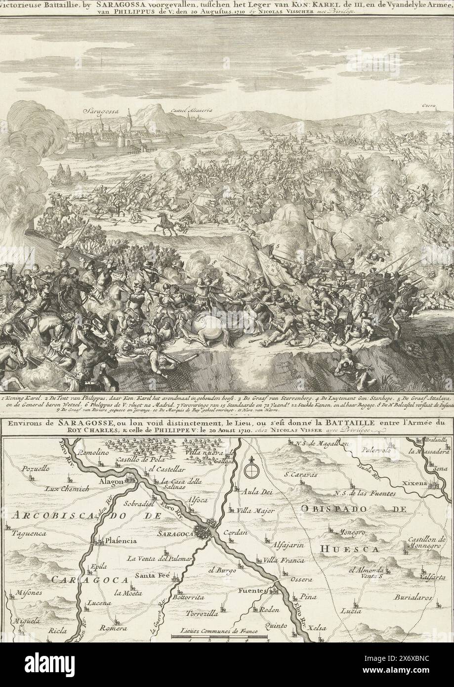 La vittoria sull'esercito francese a Saragozza del 1710, Victorieuse Battaillie, avvenne a Saragossa, tra l'Armata di re Carlo III e l'Armata Vyanide di Filippo V; den 20 agosto 1710, Environs de Saragosse, ou lon void distinction, le Lieu, ou s'est donné la Battaille (...) (titolo sull'oggetto), Foglio con una rappresentazione e una mappa della vittoria degli Alleati sull'esercito francese nella battaglia di Saragozza, 20 agosto 1710. Le scene sono stampate da due lastre una sopra l'altra su un foglio., stampa, stampatore: Anonimo, editore: Weduwe Nicolaes Visscher (II), (menzionato in Foto Stock