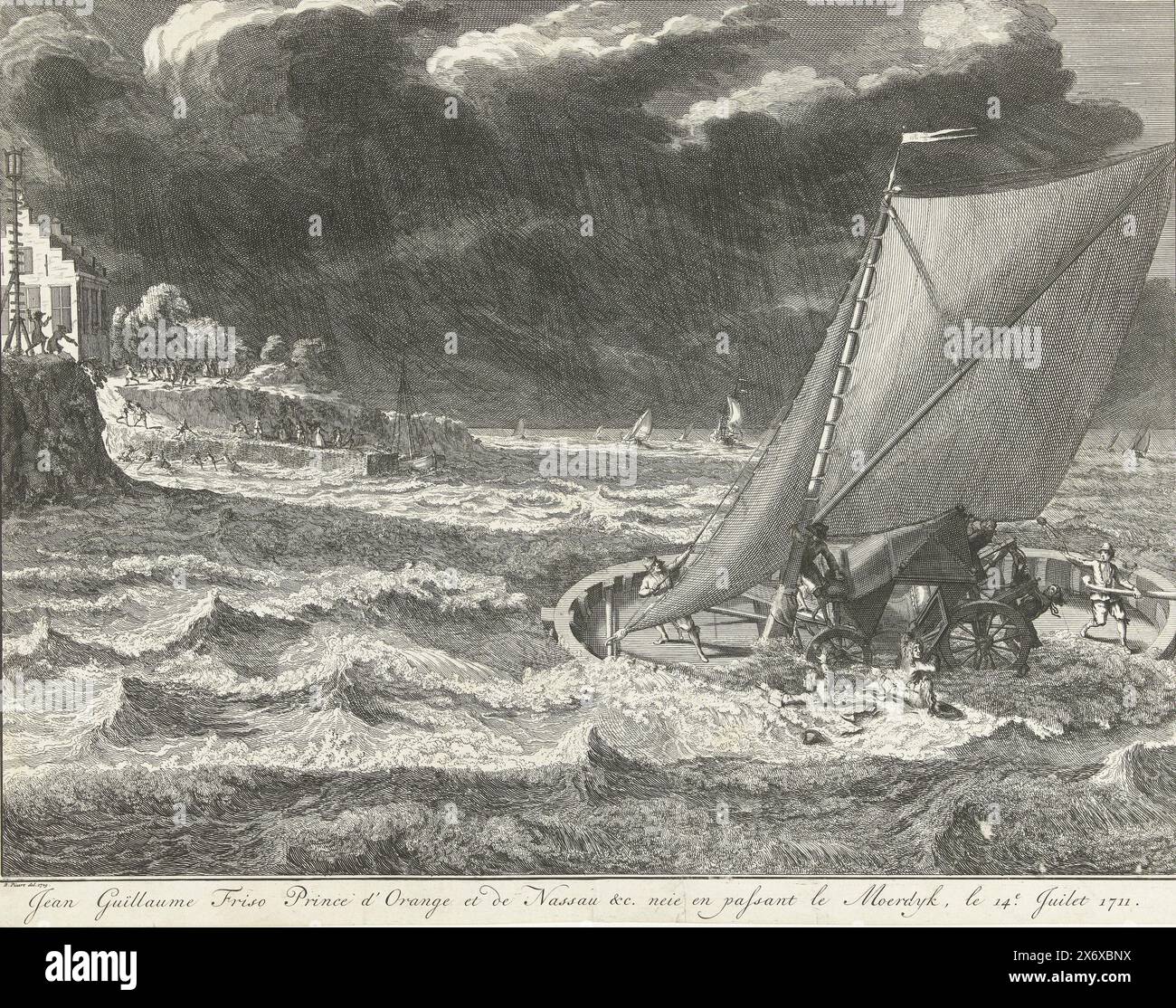 Annegamento morte del principe Johan Willem Friso, 1711, Jean Guillaume Friso Prince d'Orange et de Nassau &c. Neie en passant le Moerdyk, le 14e Juilet 1711 (titolo sull'oggetto), Johan Willem Friso, principe di Orange-Nassau, annegò durante l'attraversamento del Moerdijk durante il maltempo il 14 luglio 1711. La barca su cui si trova la carrozza del principe si capovolge e molte persone cadono in acqua., stampa, stampatore: Bernard Picart, (laboratorio di), dopo aver disegnato da: Bernard Picart, (menzionato sull'oggetto), Paesi Bassi del Nord, 1729 - 1730, carta, incisione, altezza, 267 mm x larghezza, 340 mm Foto Stock