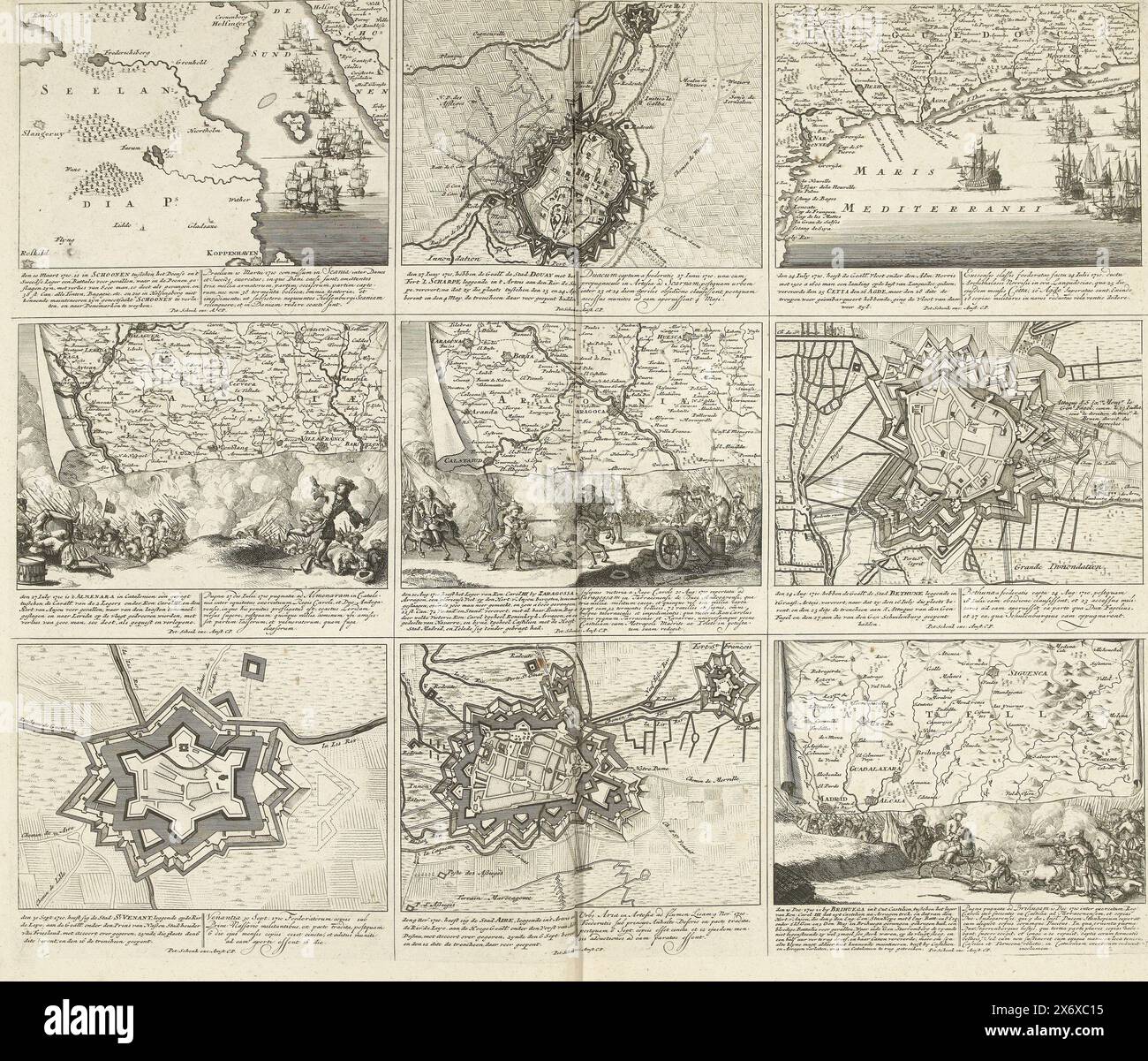 Teatro della guerra (pagina, Foglio con nove rappresentazioni di eventi dell'anno 1710 della Guerra di successione spagnola e mappe delle città fortificate. Iscrizioni nello spettacolo in olandese e latino. Lastra 10 nel lavoro di stampa con la serie in bundle di 33 lastre con rappresentazioni (la maggior parte divise in 9 scene più piccole) di eventi degli anni 1700-1727 della Guerra di successione spagnola e degli anni che seguirono, mappe e piani., stampa, tipografo: Pieter Schenk (i), editore: Pieter Schenk (i), (menzionato sull'oggetto), Staten van Holland en West-Friesland, (menzionato sull'oggetto), stampa Foto Stock