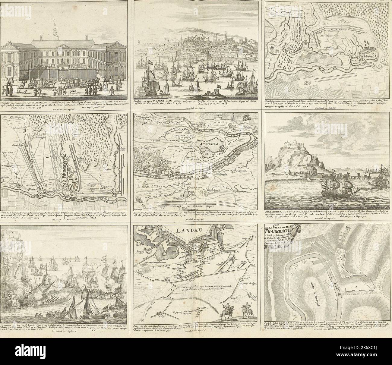 Theater of the War (pagina V), 1704, Theater of the War Beginning with King Charles the second existing in Battles and Sieges, both on Water and on Land, with the Most Important Fortresses (...) (titolo della serie sull'oggetto), foglio con nove rappresentazioni di eventi dell'anno 1704 della Guerra di successione spagnola e mappe delle città fortificate. Iscrizioni nello spettacolo in olandese e latino. Piastra 24 nel lavoro di stampa con la serie in bundle di 33 lastre con rappresentazioni (la maggior parte divise in 9 scene più piccole) di eventi degli anni 1700-1727 della guerra di successione spagnola e degli anni Foto Stock