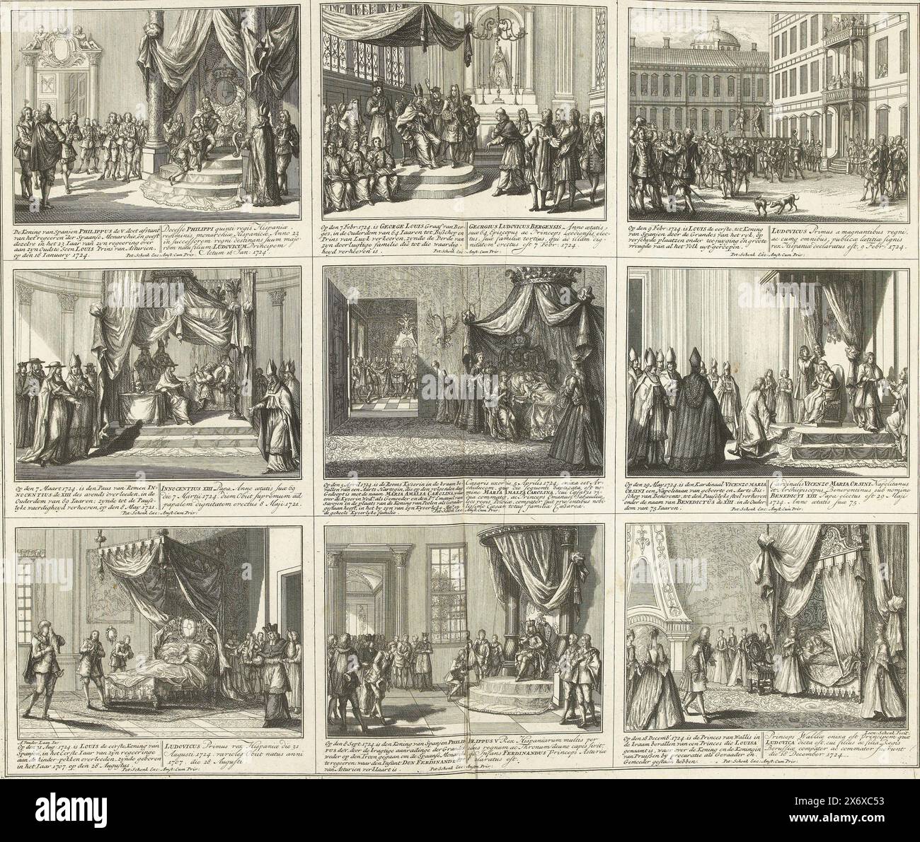 Theater of the War (pagina XXV), 1724, Theater of the War Beginning with King Charles the second existing in Battles and Sieges, sia on Water che on Land, with the Most Important Fortresses (...) (titolo della serie sull'oggetto), Sheet with nove rappresentazioni di eventi dell'anno 1724. Iscrizioni nella rappresentazione in olandese e latino. Lastra 30 nel lavoro di stampa con la serie in bundle di 33 lastre con rappresentazioni (la maggior parte divise in 9 scene più piccole) di eventi degli anni 1700-1727 della Guerra di successione spagnola e degli anni che seguirono, mappe e piani., stampa, stampatore Foto Stock